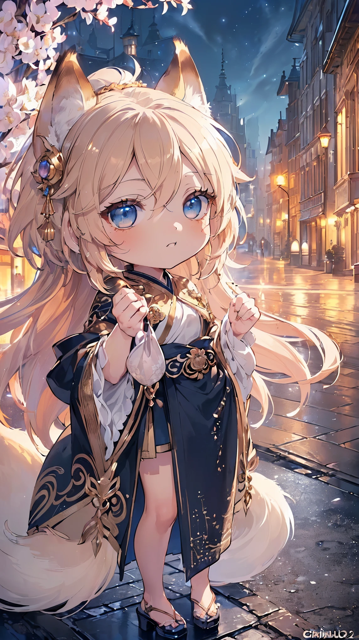 (((Masterpiece))), (((Highest quality))), ((Ultra-detailed)), ((Super fine illustration)), ((Ultra-fine painting)), (16K highest quality wallpaper:1.4), (Chibi:2.0), (Full body:1.6), HDR, (Highly detailed and delicate illustration style:1.8), Detailed skin texture, Detailed cloth texture, Extreme detailed description, (T-masterpiece), (Highly detailed face:1.2), (Highly detailed fox ears:1.2), (Highly detailed shiny golden brown braid:1.2), (Highly detailed beautiful blue eyes:1.2), (Highly detailed nine tails:1.2), Original, RAW photo, Professional, Intricate details, Super details, Direct light:1.6, (Perfect anatomy:1.4), (Highly detailed hands:1.2), (Highly detailed fingers:1.2), (Highly detailed fingertips:1.2), (23-years-old), Real, (Solo:1.8), ((A beautiful and attractive fox model with nine tails and eyes who is a messenger of the gods, and a shrine maiden:1.4)) BRAKE (Beautiful and adorable fox ears:1.6), (Highly detailed and delicate fox ears:1.4), (Beautiful and adorable fox nine tails:1.4), (Highly detailed and delicate fox nine tails:1.2), (Beautiful and well-shaped big breasts:1.2), (Beautiful and well-shaped buttocks), (Beautiful and shiny golden brown braid:1.6), (Highly detailed and delicate golden brown braid:1.2), (Beautiful clear blue eyes that shine with great detail:1.6), (Highly detailed and delicate blue eyes:1.2), (Highly detailed face:1.4), (Smile:1.3), (Blush:1.2), (Looking at viewer:1.4) BRAKE (Puffer jacket:1.4), (Casual dress:1.4) BRAKE (concept art:1.2), (detailed fantasy art:1.2) BRAKE ((Highly detailed and delicate night view of the streets of European capitals in spring background:1.6), Highly detailed night view of the streets of a European capital in spring:1.2, Highly detailed and delicate moon and starry sky background:1.4) BRAKE