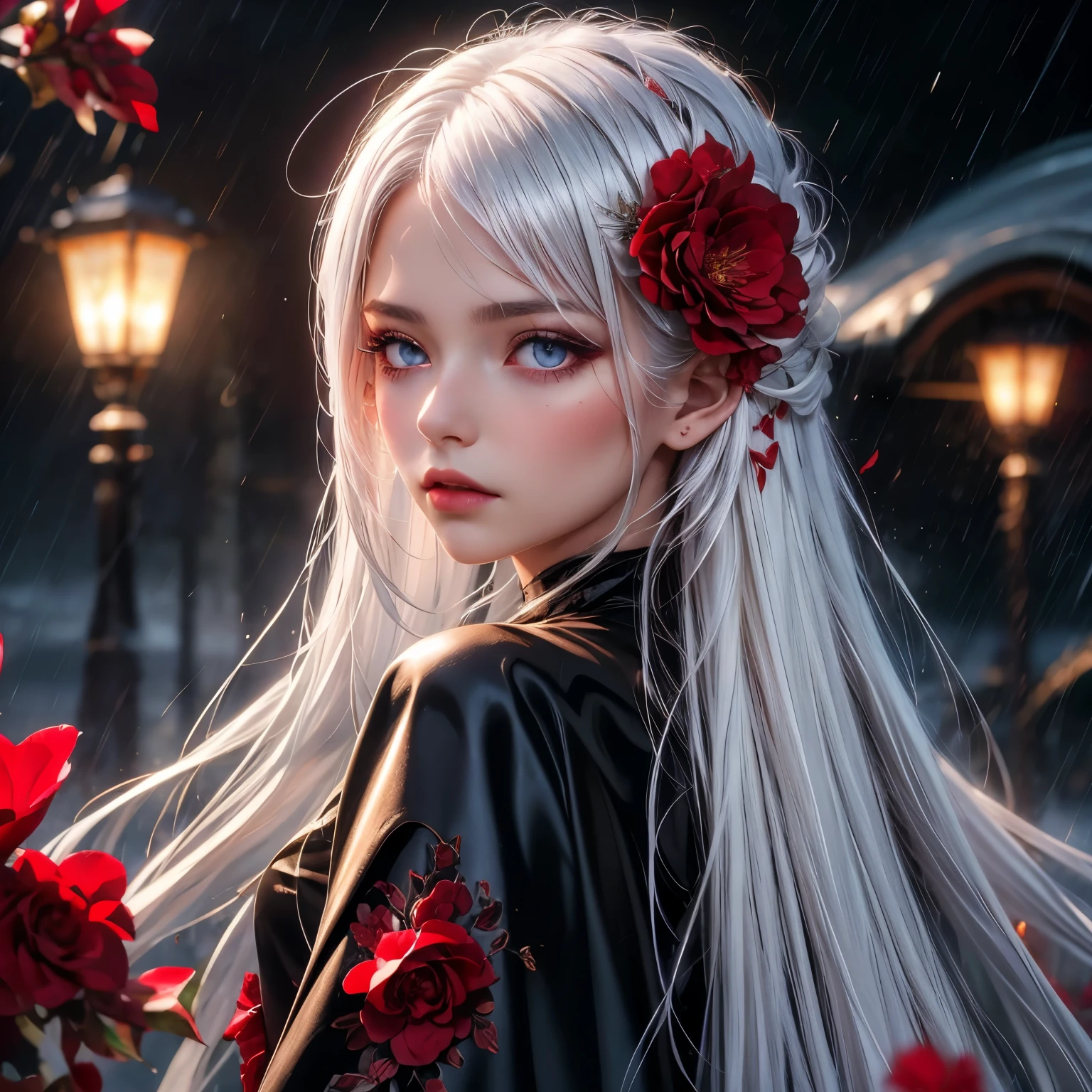 1girl,solo,1girl,solo,((beautiful detailed eyes)), (detailed light),depth of field,(white hair),silver eyes,hair over one eye,(red flower ), hair flower,long hair,black cloak,wet,emotionless,looking back,night,starfall,raining,fog,red flowers falling,sketch,upper body,intense shadows,