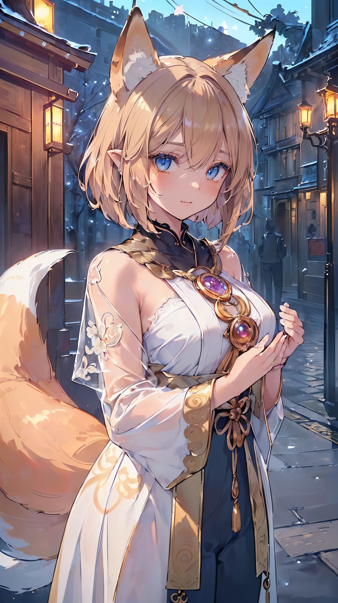 (((Masterpiece))), (((Highest quality))), ((Ultra-detailed)), ((Super fine illustration)), ((Ultra-fine painting)), (16K highest quality wallpaper:1.4), (Upper body:1.6), HDR, (Highly detailed and delicate illustration style:1.8), Detailed skin texture, Detailed cloth texture, Extreme detailed description, (T-masterpiece), (Highly detailed face:1.2), (Highly detailed fox ears:1.2), (Highly detailed shiny golden brown bob cut:1.2), (Highly detailed beautiful blue eyes:1.2), Original, RAW photo, Professional, Intricate details, Super details, Direct light:1.6, (Perfect anatomy:1.4), (Highly detailed hands:1.2), (Highly detailed fingers:1.2), (Highly detailed fingertips:1.2), (25-years-old), Real, (Solo:1.6), ((A mysterious and sacred fox model with nine tails and eyes who is a messenger of the gods and a shrine maiden:1.4)) BRAKE (Beautiful and adorable fox ears:1.6), (Highly detailed and delicate fox ears:1.4), (Beautiful and well-shaped big breasts:1.2), (Beautiful and well-shaped buttocks), (Beautiful and shiny golden brown bob cute:1.6), (Highly detailed and delicate golden brown bob cut:1.4), (Beautiful clear blue eyes that shine with great detail:1.6), (Highly detailed and delicate blue eyes:1.2), (Highly detailed face:1.4), (Smile:1.3), (Blush:1.2), (Looking at viewer:1.4), (Standing:1.4), BRAKE ((Subdued color short-coat:1.4), (Subdued color pants-dress:1.4)) BRAKE ((Highly detailed and delicate night view of the streets of European capitals in spring background:1.4), Highly detailed night view of the streets of a European capital in spring:1.2, Highly detailed and delicate moon and starry sky background:1.4) BRAKE 