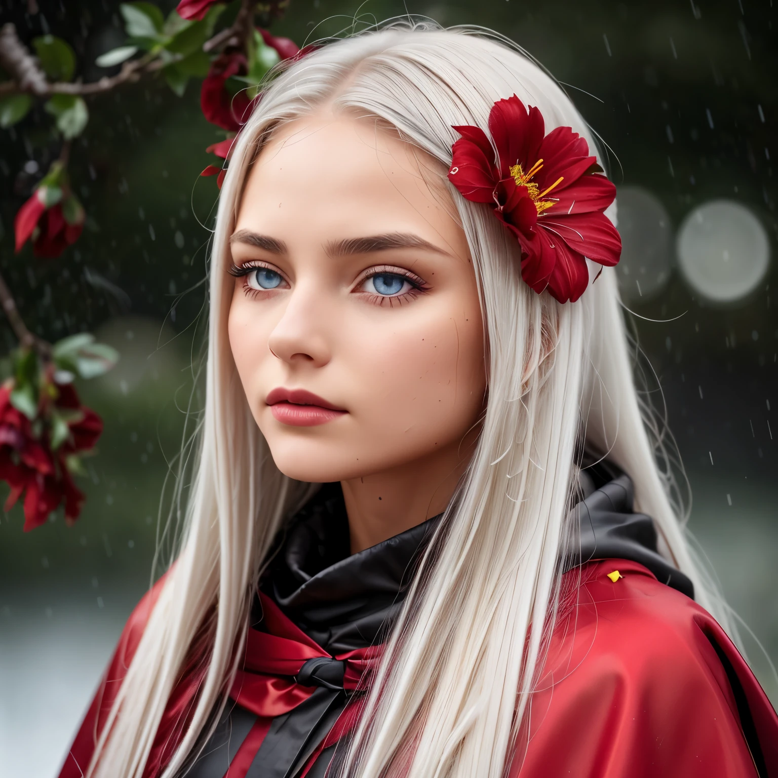 1girl,solo,1girl,solo,((beautiful detailed eyes)), (detailed light),depth of field,(white hair),silver eyes,hair over one eye,(red flower ), hair flower,long hair,black cloak,wet,emotionless,looking back,night,starfall,raining,fog,red flowers falling,sketch,upper body,intense shadows,