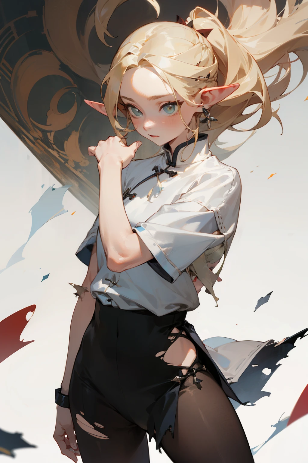 (masterpiece, best quality) detailed,silver accessories , blonde ,elegant, pointed ears ，Chinese element pattern，White shirt，bikini，pleated skirt