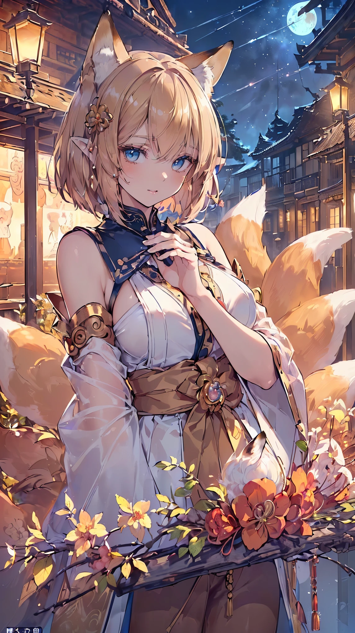(((Masterpiece))), (((Highest quality))), ((Ultra-detailed)), ((Super fine illustration)), ((Ultra-fine painting)), (16K highest quality wallpaper:1.4), (Upper body:1.6), HDR, (Highly detailed and delicate illustration style:1.8), Detailed skin texture, Detailed cloth texture, Extreme detailed description, (T-masterpiece), (Highly detailed face:1.2), (Highly detailed fox ears:1.2), (Highly detailed shiny golden brown bob cut:1.2), (Highly detailed beautiful blue eyes:1.2), Original, RAW photo, Professional, Intricate details, Super details, Direct light:1.6, (Perfect anatomy:1.4), (Highly detailed hands:1.2), (Highly detailed fingers:1.2), (Highly detailed fingertips:1.2), (25-years-old), Real, (Solo:1.6), ((A mysterious and sacred fox model with nine tails and eyes who is a messenger of the gods and a shrine maiden:1.4)) BRAKE (Beautiful and adorable fox ears:1.6), (Highly detailed and delicate fox ears:1.4), (Beautiful and well-shaped big breasts:1.2), (Beautiful and well-shaped buttocks), (Beautiful and shiny golden brown bob cute:1.6), (Highly detailed and delicate golden brown bob cut:1.4), (Beautiful clear blue eyes that shine with great detail:1.6), (Highly detailed and delicate blue eyes:1.2), (Highly detailed face:1.4), (Smile:1.3), (Blush:1.2), (Looking at viewer:1.4), (Standing:1.4), BRAKE ((Subdued color short-coat:1.4), (Subdued color pants-dress:1.4)) BRAKE ((Highly detailed and delicate night view of the streets of European capitals in spring background:1.4), Highly detailed night view of the streets of a European capital in spring:1.2, Highly detailed and delicate moon and starry sky background:1.4) BRAKE