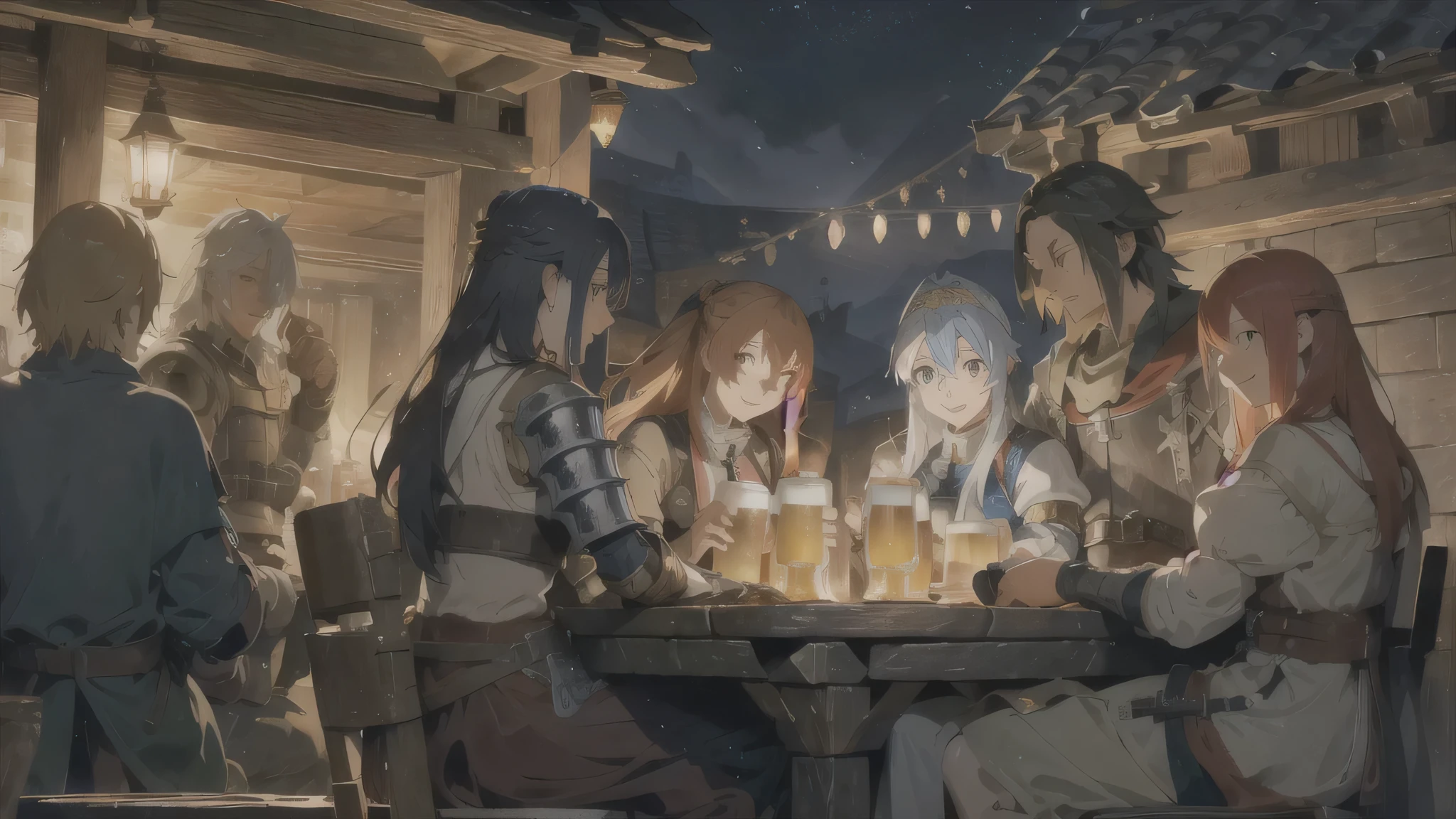 anime,medieval europe,night,A lively tavern,group of adventurers,wearing armor,bar scene,celebrate with beer,smile