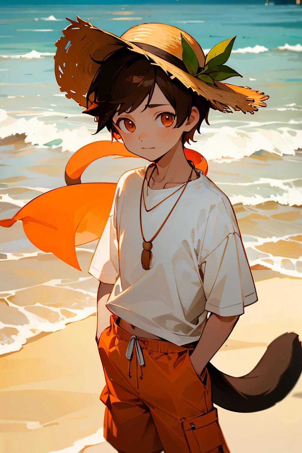 1 boy, short brown hair, orange eyes, orange straw hat, ???, white shirt, orange pants, necklace, beach background, monkey tail