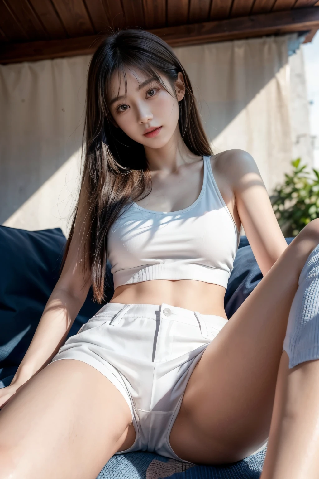 One 20-year-old Japanese woman、(((Shoot from below with legs apart)))、(Crotch enlargement:1.5)Crotch emphasis up、crotch opening、(Huge Majora's Flesh Wall:1.5)、laughter、best quality、looks like a whole body、sophisticated face、cute face、young woman、slim body shape、bust becomes smaller、In underwear、tight white pants、outdoor scene、(accurate and perfect face: 1.3)、(long legs: 1.3)、cinematic lighting、table top、super detail、high quality、High definition、最high quality、16k、high contrast、white background、My whole body is sweaty、全身In underwear