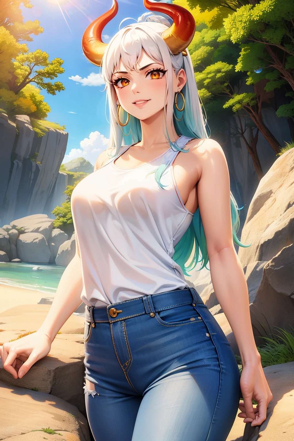 masterpiece, ((ultra detailed background, delicate pattern, intricate detail)), (highly detailed, fine details), best quality,beautiful lighting, (((medium breasts, slim girl, very slim girl))), (close-up, portrait), YamatoV2, long hair, 1girl, horns, white hair, solo, oni, red horns, curled horns, hair ornament, (multicolored horns), jewelry, earrings, jeans, t-shirt, round neck, outdoors, cowboy shot, hair stick, aqua hair, sidelocks, hoop earrings, hakama, smile, wide smile, ((orange eyes)), complex detailed background, outside, nature environment, rocks, sunny, blue sky, sky,