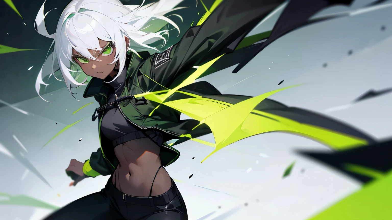 1girl, white hair, dark skin, green eyes, wearing black and green jacket, black pants, looking ar the viwer, angry expression