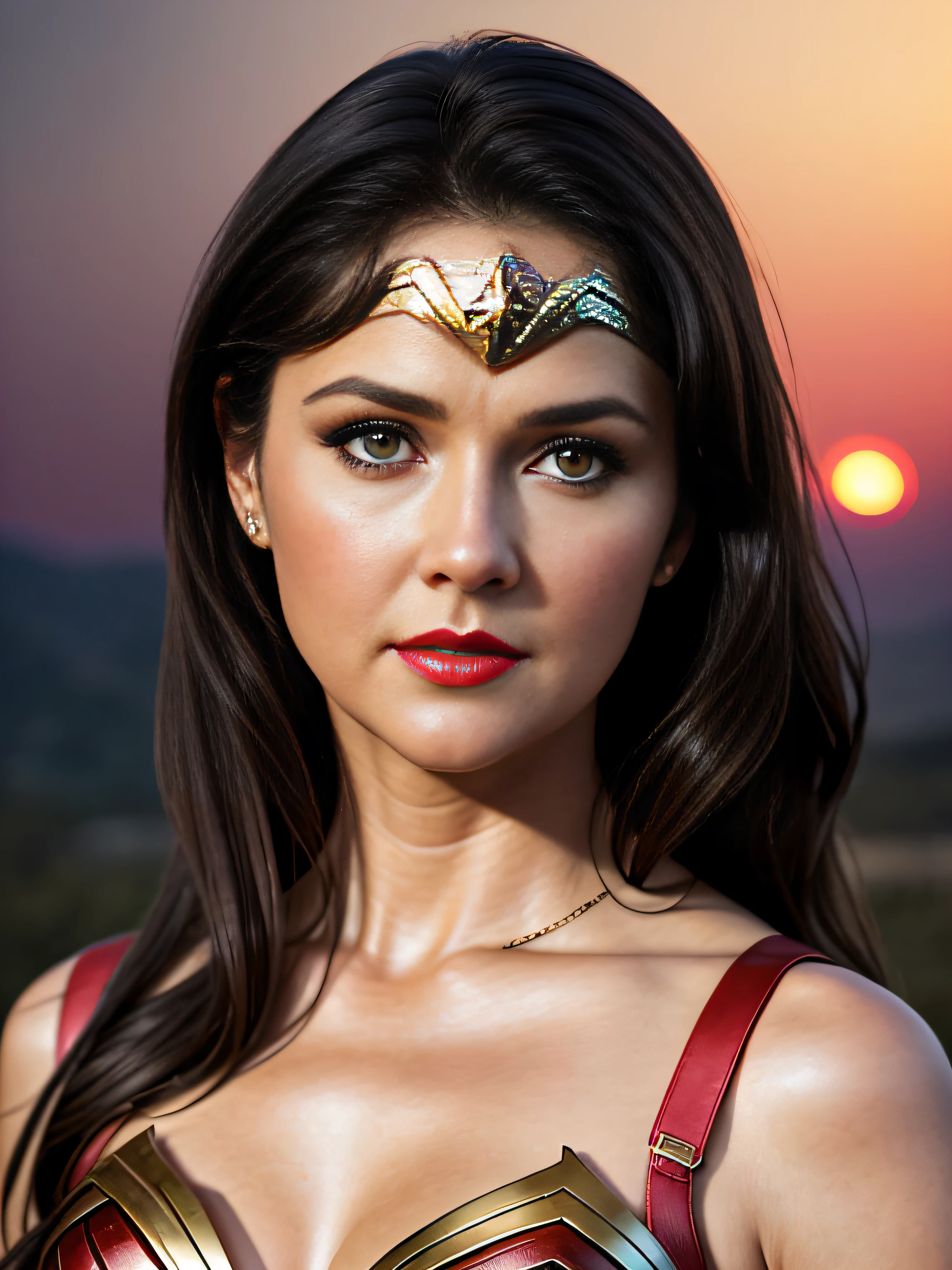 (Hiper realista:1.4), Photographic portrait of wonder woman, olhos redondos coloridos e realistas, dreamy magical atmosphere, super heroine costume, (seios grandes:1.3),coloque meu rosto nesta imagem