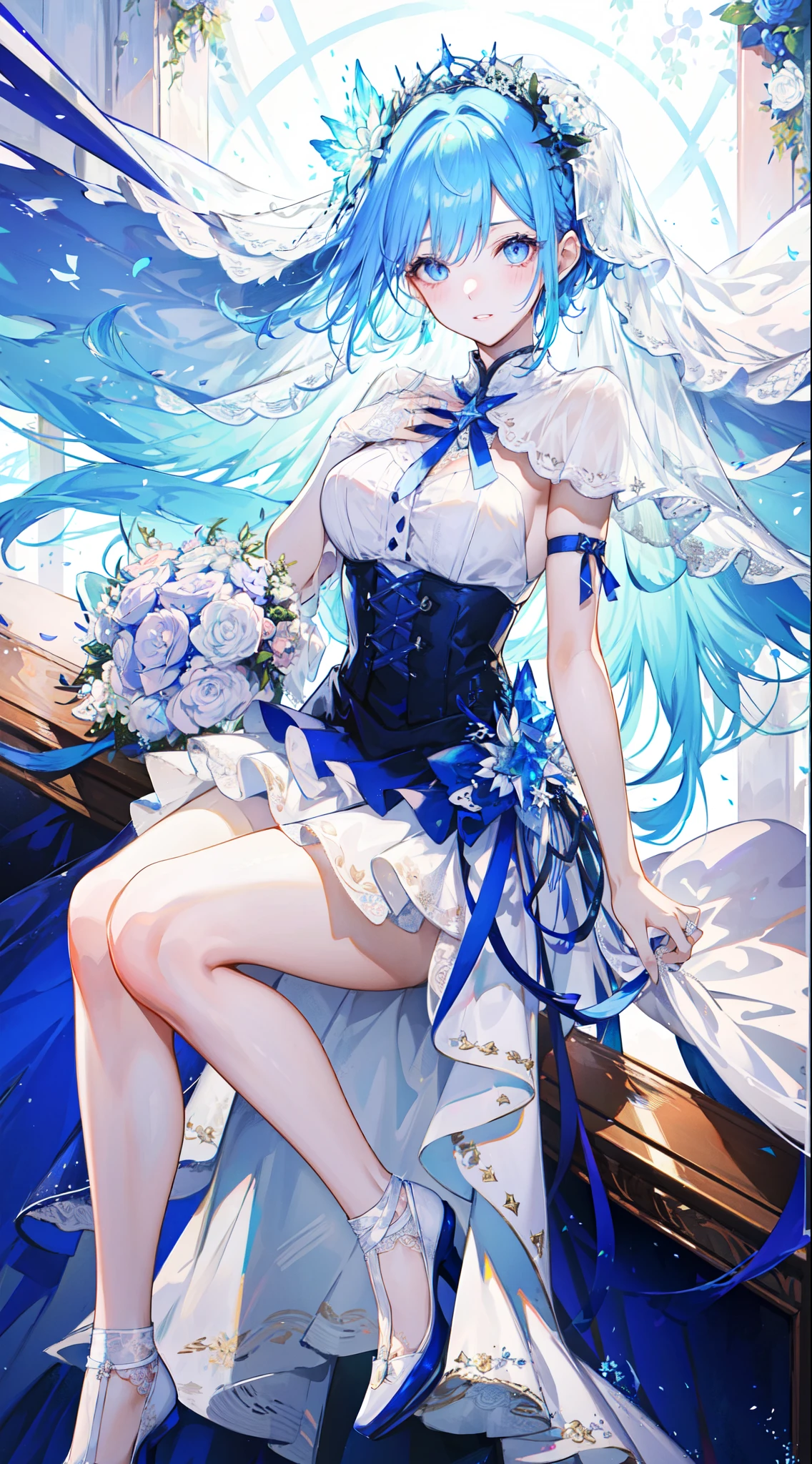 (best quality)+,(on the table)++,(Super detailed)++, Masterpiece Top Quality Super Fine Illustration High Detail Lighting Perfect Lighting, (1 bride:1.3),, First class female body, Perfect body, beautiful breasts, View from the front, from above, delicate luster, Beautiful and delicate eyes, cute face, beautiful lips,  a girl surrounded by crystals, blue eyes, Beautiful light purple hair, Beautiful iridescent eyes, Beautiful long and tousled hair, Sexy brides，Sexy wedding dress, Glow effect lens flare lotion gloss shine holy light background sunlight, White，White尖头高跟鞋, looking at the audience,