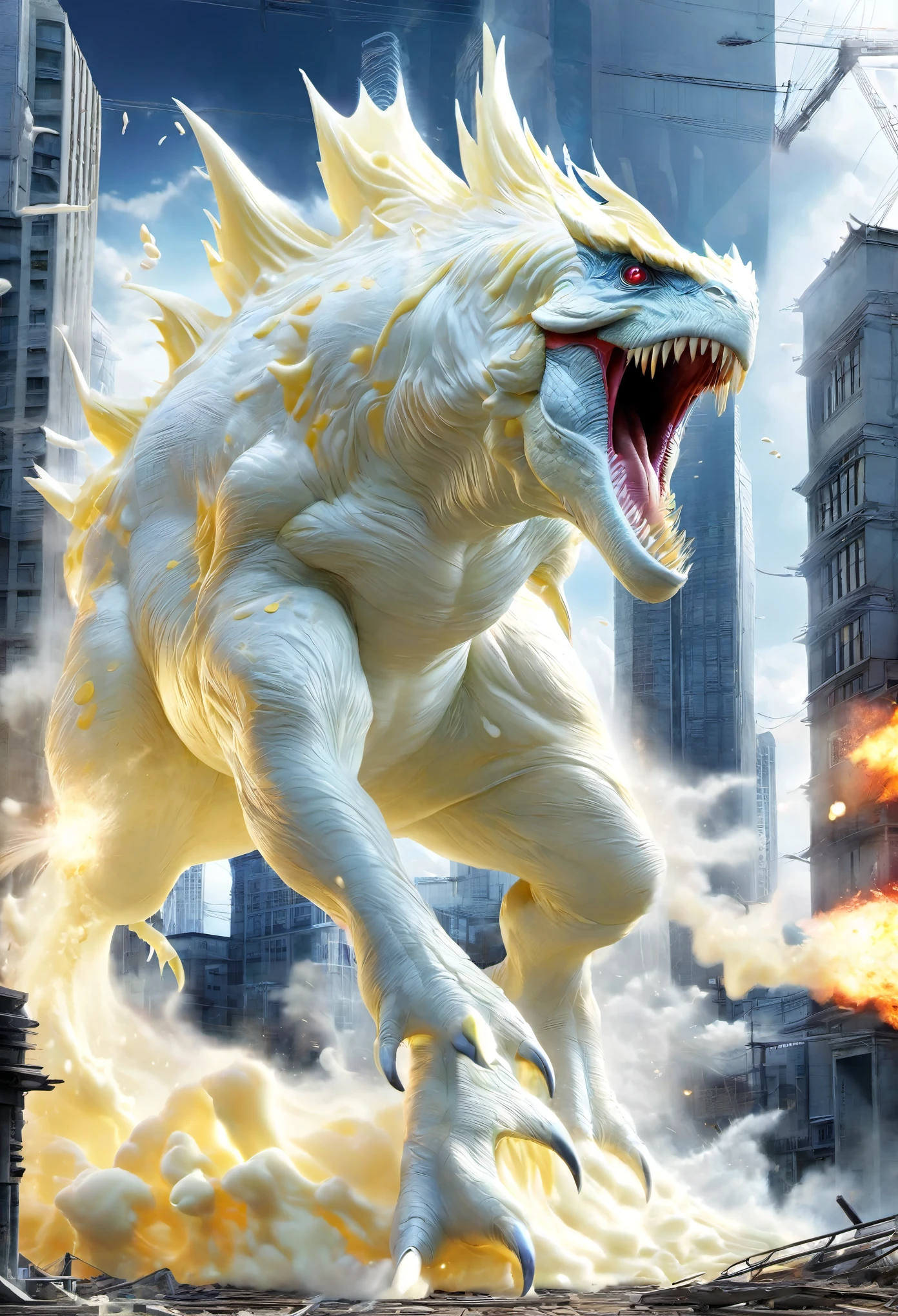 monster、ウルトラマンのmonster、special effects、Dinosaur Wind、cool、White chocolate、White chocolateの鱗、White chocolateの牙、urban area、lots of buildings、destroyed building、whole body、pull composition、dynamic、It's powerful
