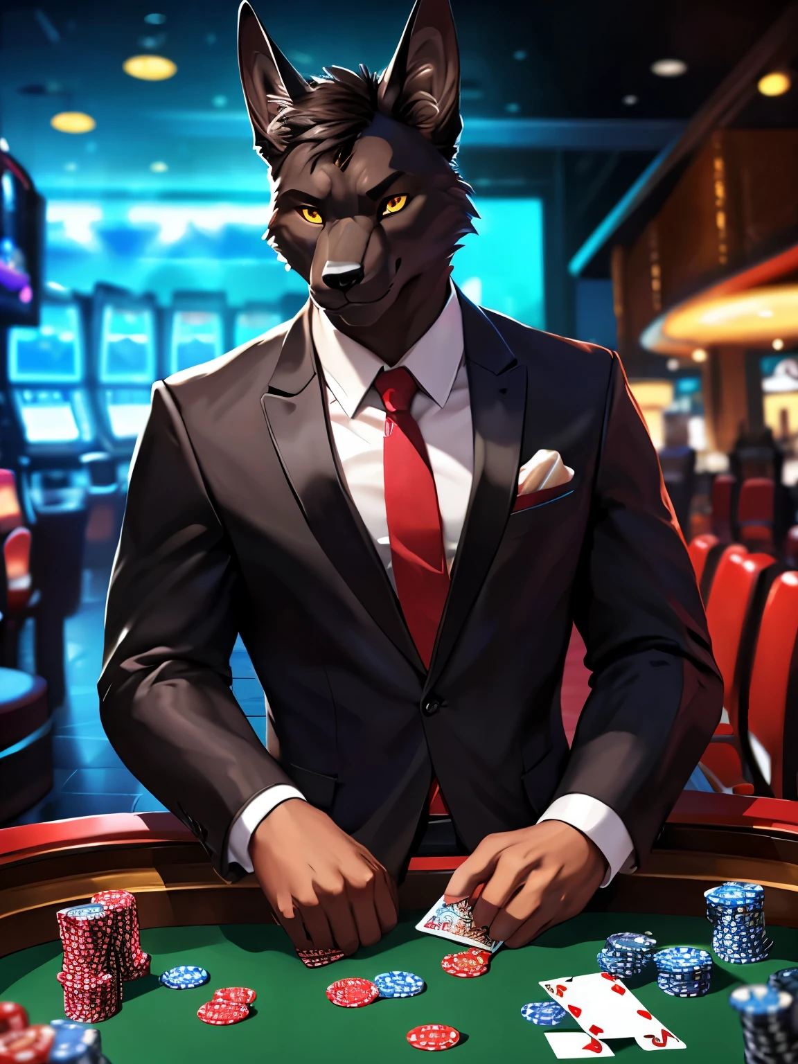 posted on e621, (by Chunie), male, furry, Anubis anthro, Black fur, solo, Yellow eyes, (Realistic eye details 1.2), casino, Black suit, Red tie, win the game, Poker Texas hold'em, Five-card draw, Omaha hold'em), the place is busy with people around the casino, Slim body, full body like, Abstract beauty, ultra detailed face, depth of field, motion blur, high details, high quality, award winning, HD, 16k, (best quality,4k,8k,highres,masterpiece:1.2),ultra-detailed,realistic:1.37,HDR,UHD,studio lighting,extreme detail description,professional,vivid colors,bokeh,lively atmosphere, natural lighting