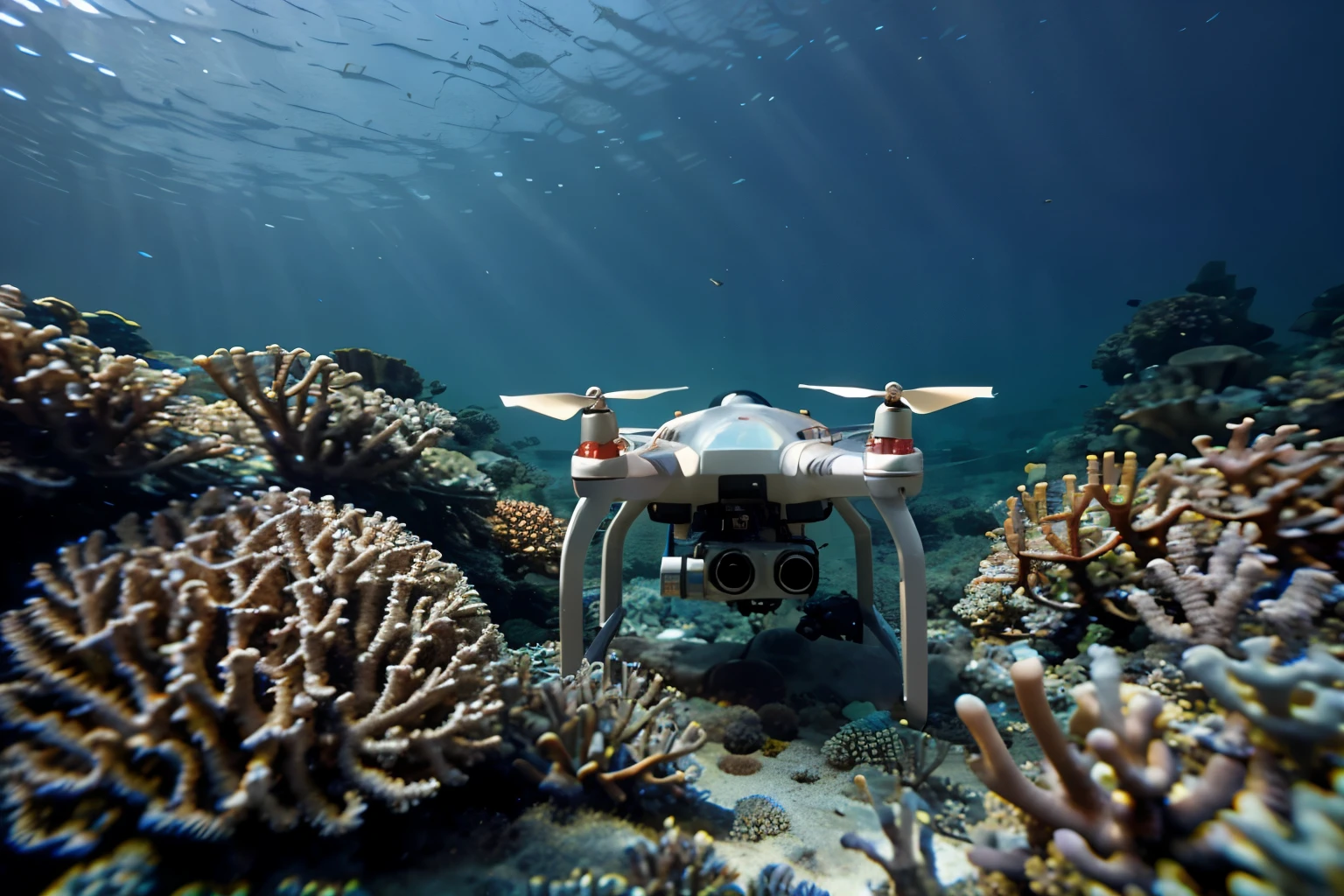 An underwater photograph of a coral reef monitoring drone, showcasing the intersection of technology and marine conservation.