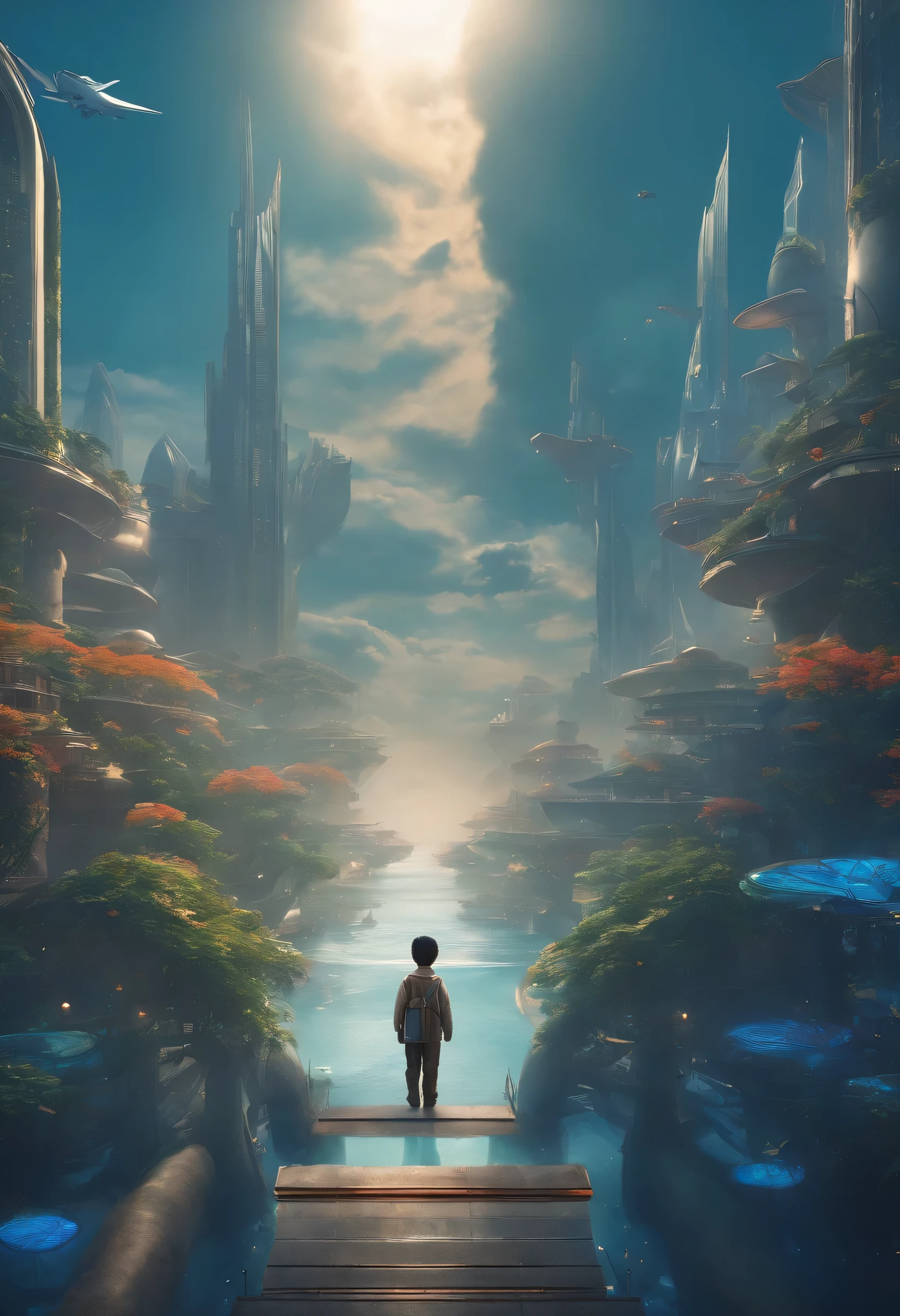 Chinese boy,Fly an airplane，futuristic city, fantasy, 24th century, oasis,花ocean, ocean