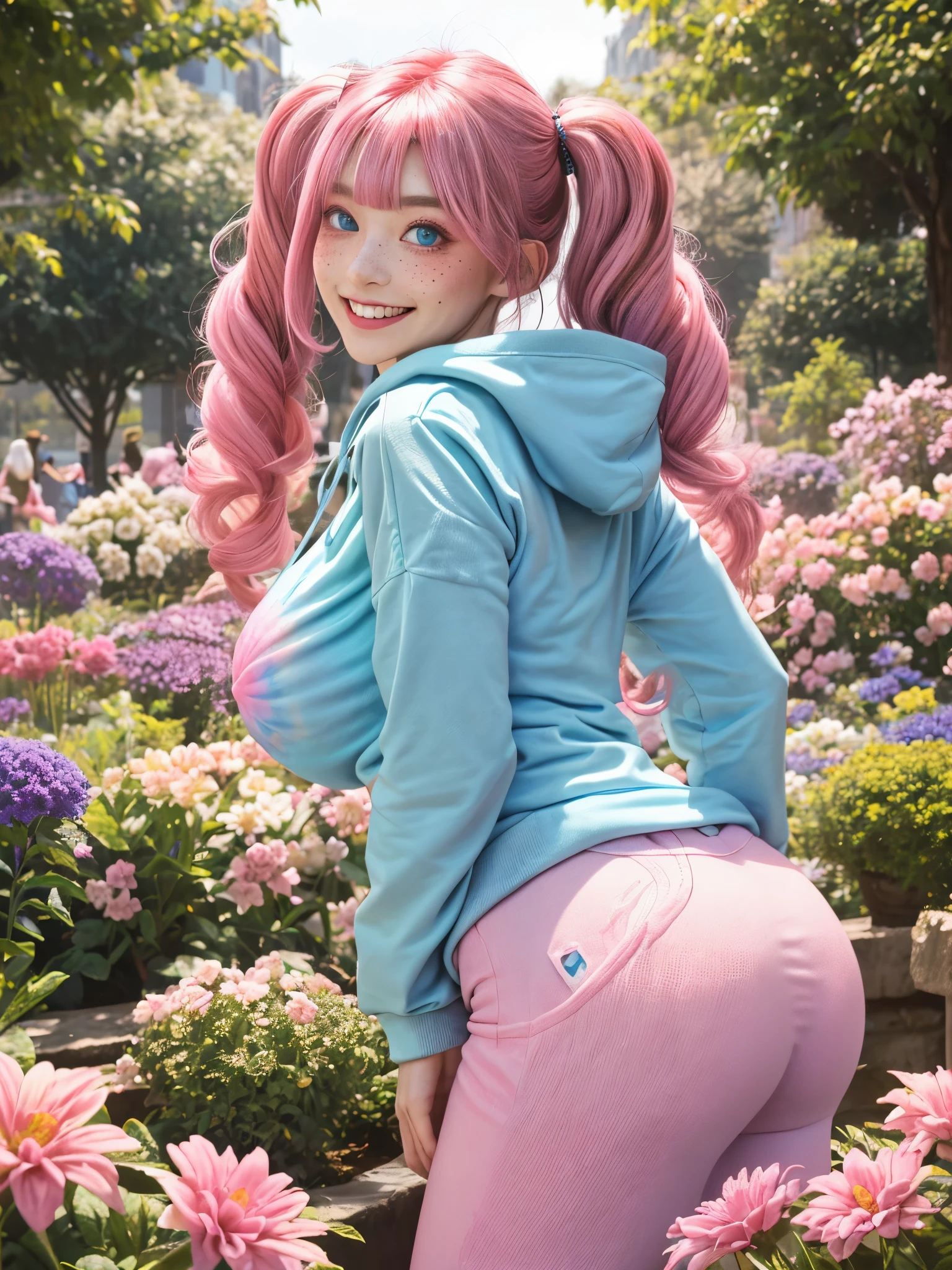 woman, light blue tie-dye hoodie, large breasts, large ass, twintails, pastel colors, pastel theme, deep pink hair, smile, teeth, makeup, eyelashes, winged eyeliner, pale skin, outdoors, flower garden, freckles, bright colors, bangs, bright blue eyes