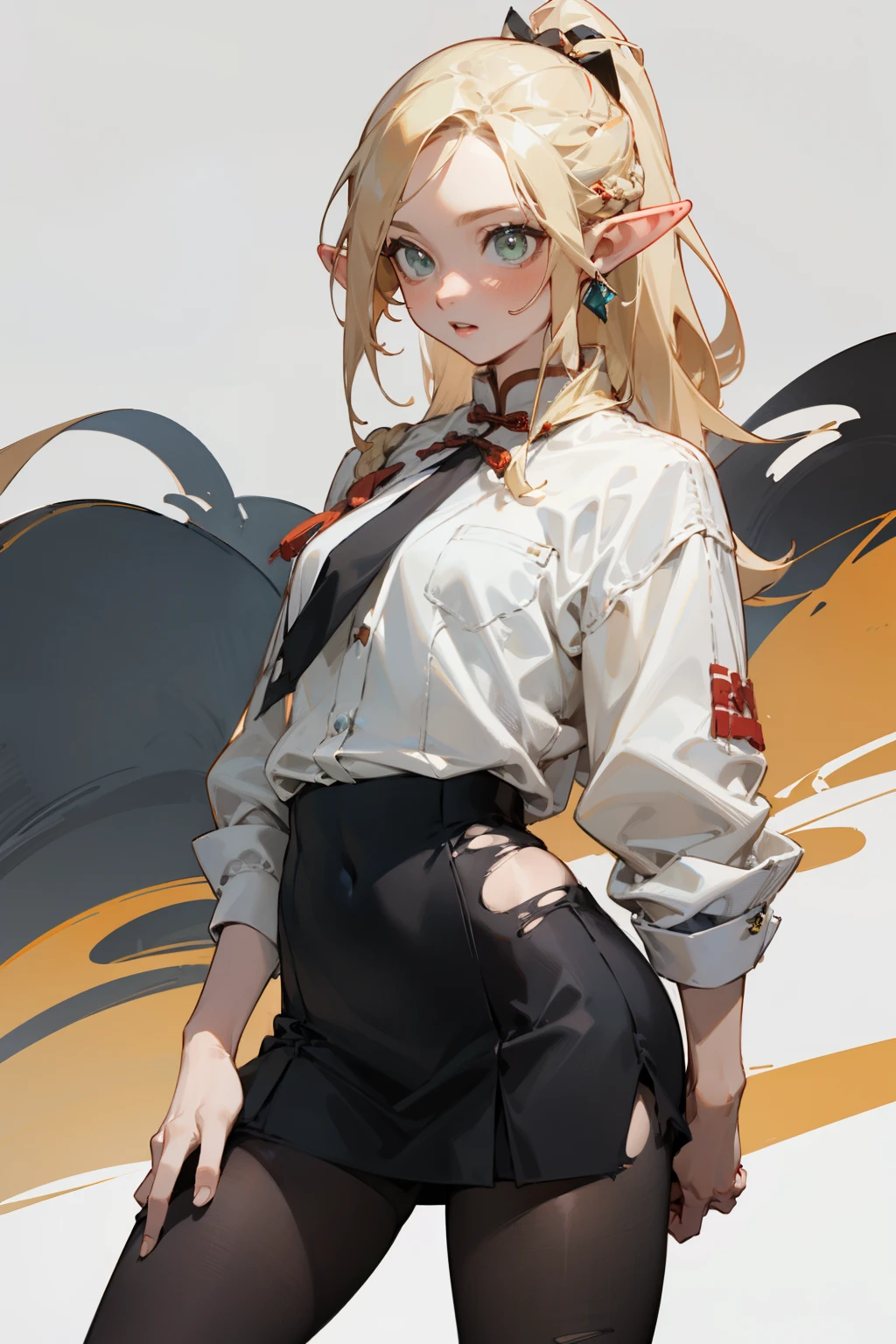 (masterpiece, best quality) detailed,silver accessories , blonde ,elegant, pointed ears ，Chinese element pattern，White shirt，bikini，pleated skirt