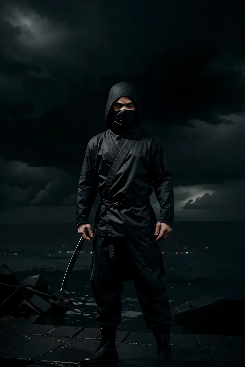 Illustration of a ninja in a dark gloomy stormy place