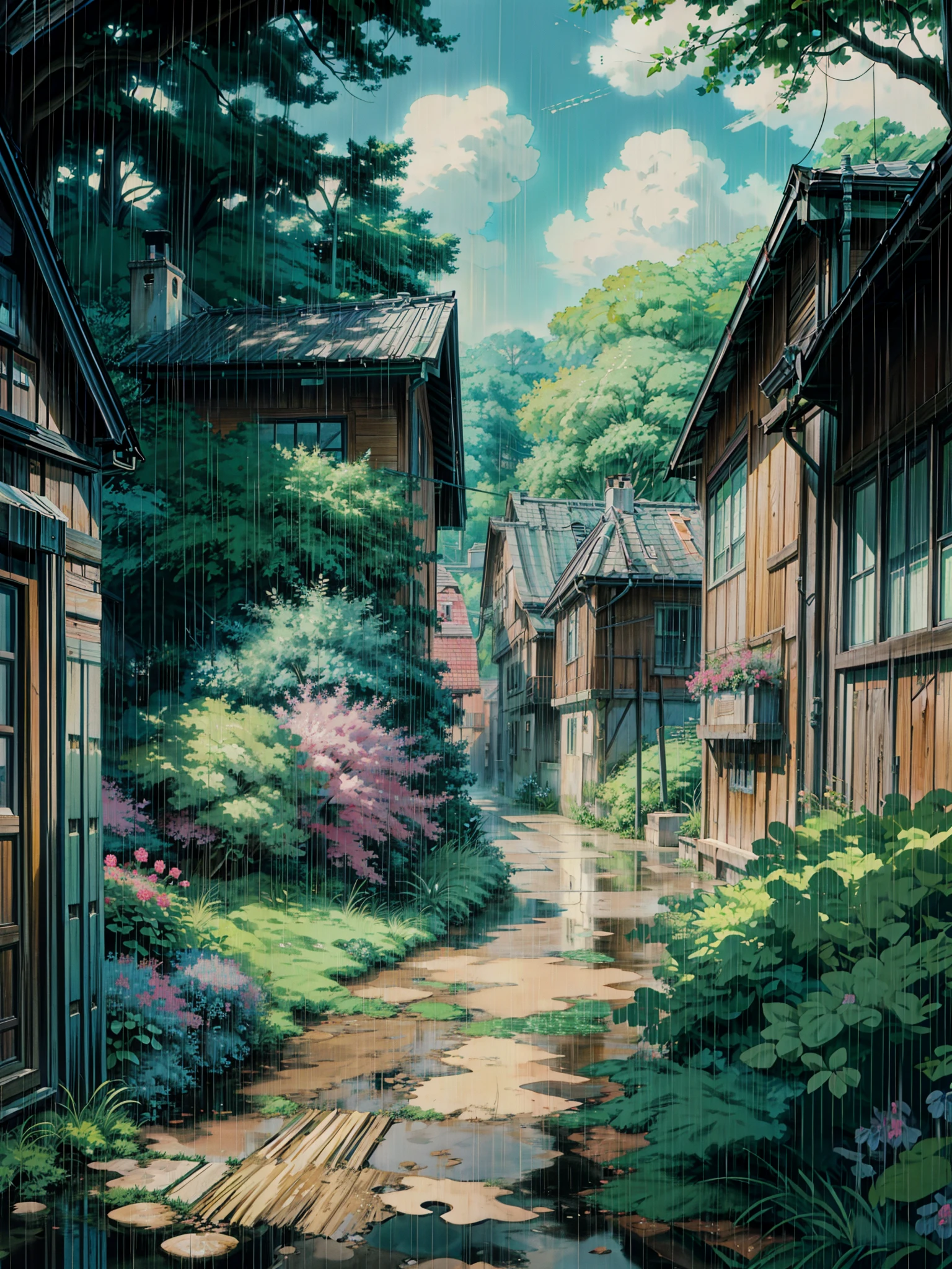 a painting of an alley in the rain, anime scenery, anime. by makoto shinkai, anime nature wallpap, anime background art, anime background, alena aenami and artgerm, anime atmospheric, anime movie background, anime nature, colorful anime movie background, anime landscape, in style of atey ghailan, style of makoto shinkai