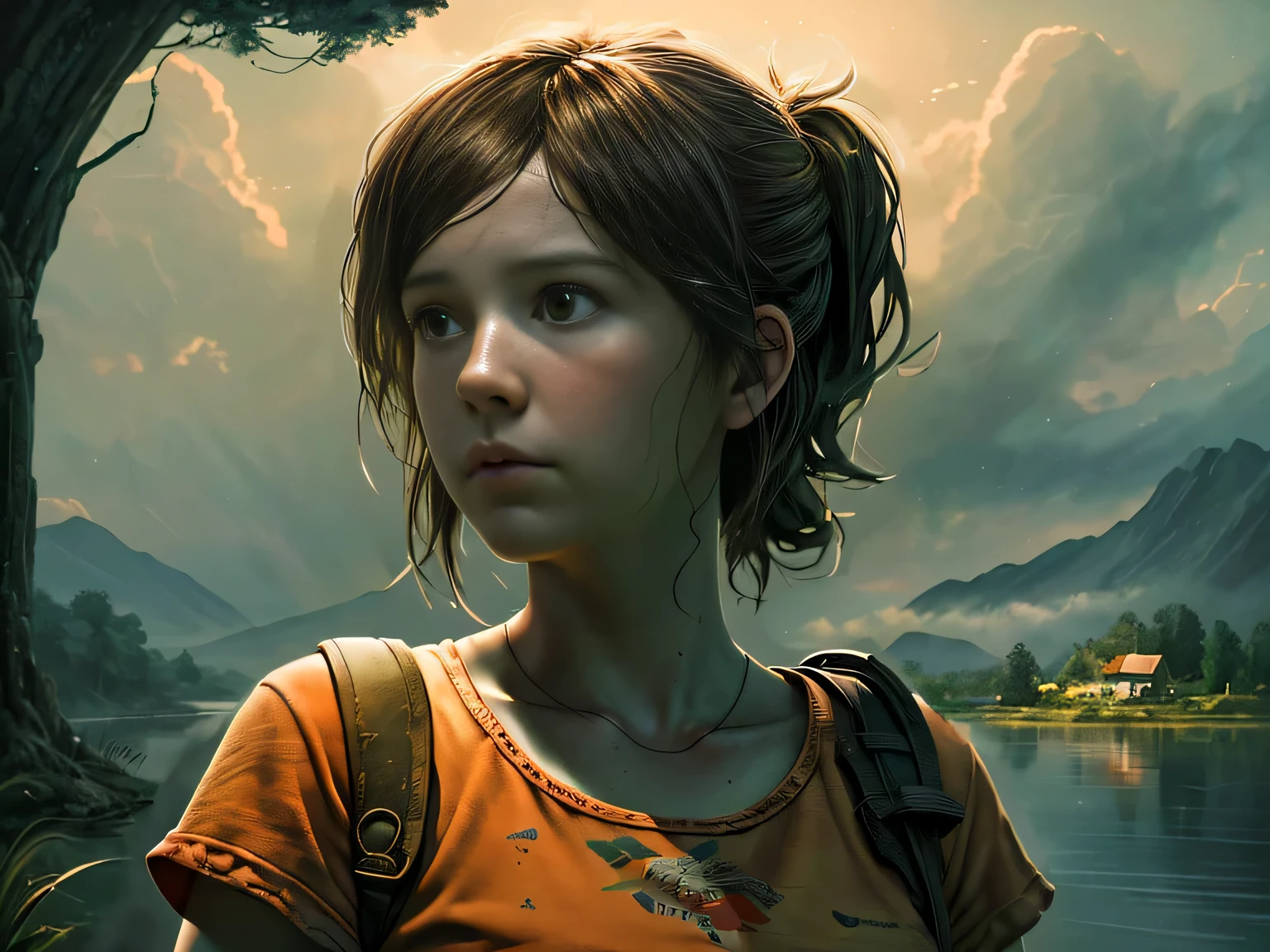 (Ellie, big eyes), post apocalyptic, rim light, cinematic, vignette