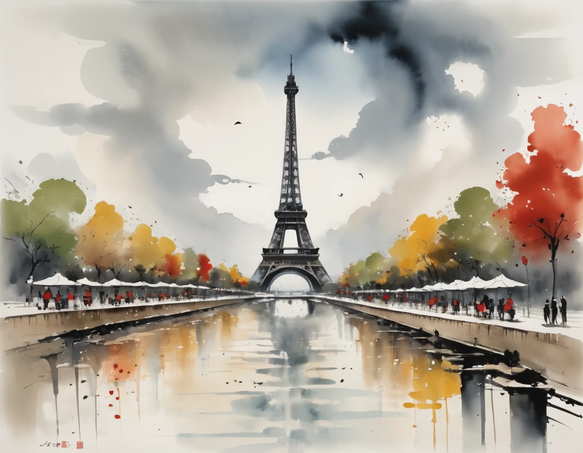 In this artistic endeavor, blend the traditional Chinese ink wash technique with elements of Wu Guanzhong's style, infusing it with the Eiffel Tower as the subject. Embrace the fluidity and expressive brushwork characteristic of Chinese ink painting, capturing the tower's essence with bold strokes and dynamic composition. Integrate Western painting concepts such as perspective and chiaroscuro to add depth and dimension to the scene, harmonizing Eastern and Western aesthetics. Focus on capturing the architectural grandeur of the Eiffel Tower while imbuing it with the poetic subtlety and meditative quality reminiscent of traditional Chinese landscape painting. Let the synthesis of these influences create a captivating visual narrative that transcends cultural boundaries.