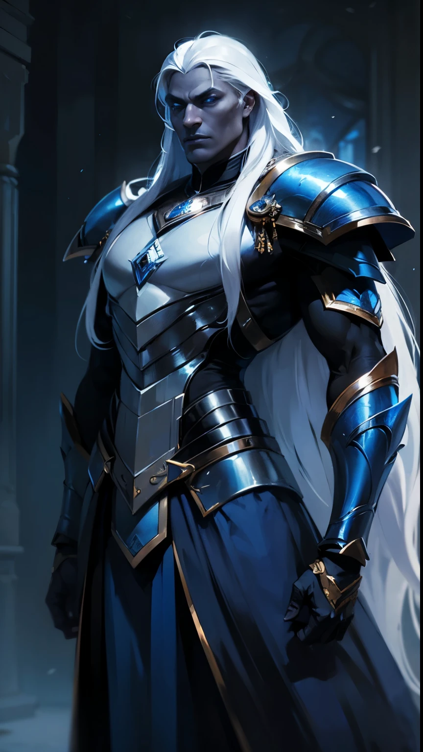 A great warrior, an incredibly handsome Drow man, an emperor, long white hair combed back, black skin, strong build, completely blue eyes, in incredible onyx armor, full height, dynamic pose