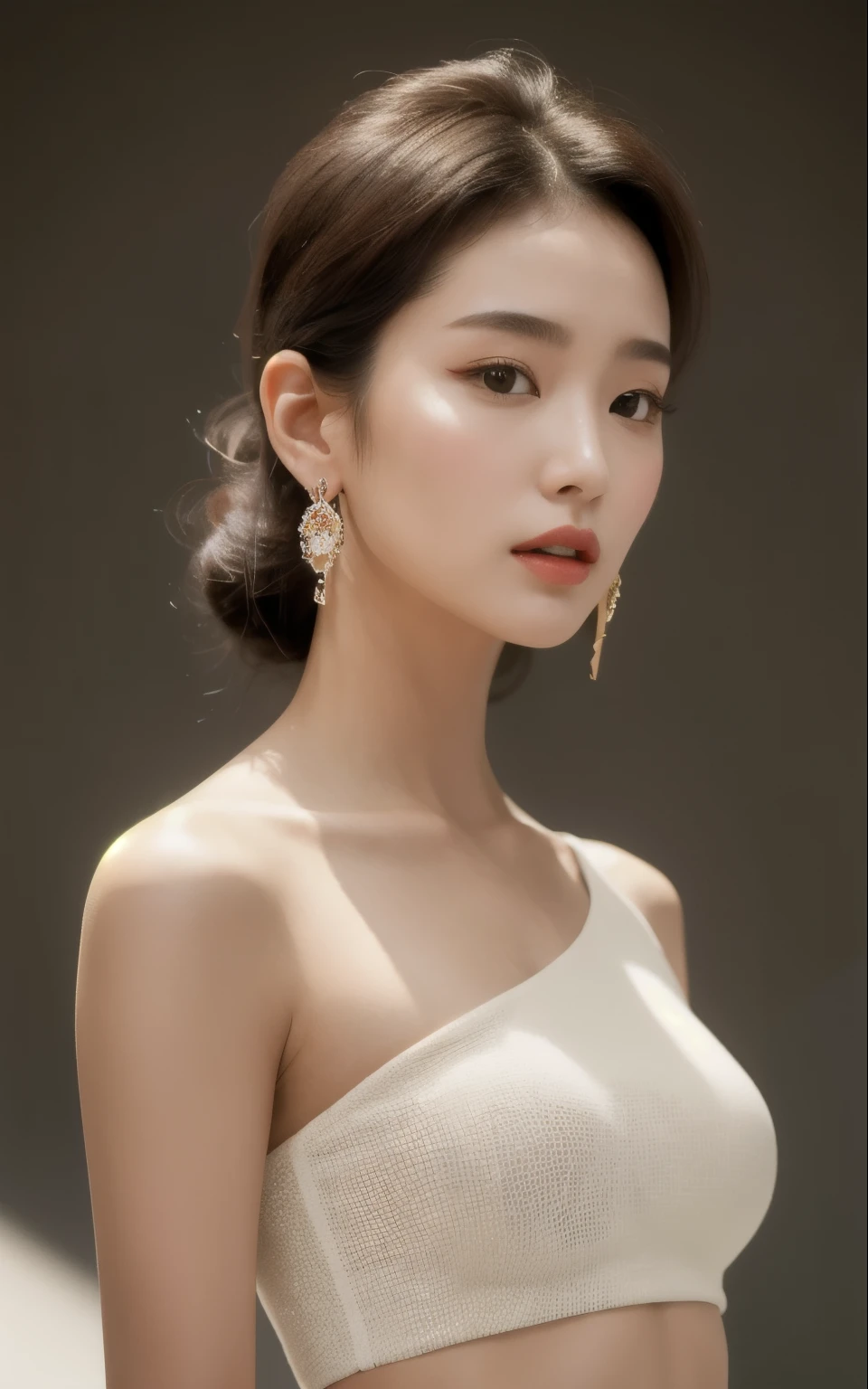 masterpiece, best quality, solo, 1girl, luminous skin, hoop earrings, glamorous, whimsical details, slicked hair, mesmerizing, bare shoulder, crop top, long pants, shallow depth of field, contrapposto, professional model, face front, portrait
