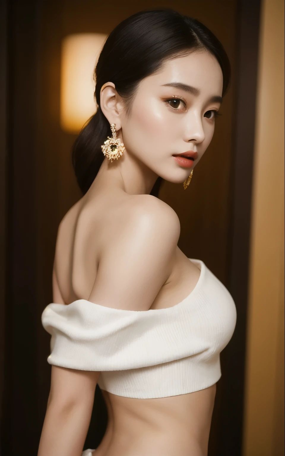 masterpiece, best quality, solo, 1girl, luminous skin, hoop earrings, glamorous, whimsical details, slicked hair, mesmerizing, bare shoulder, crop top, long pants, shallow depth of field, contrapposto, professional model, face front, portrait
