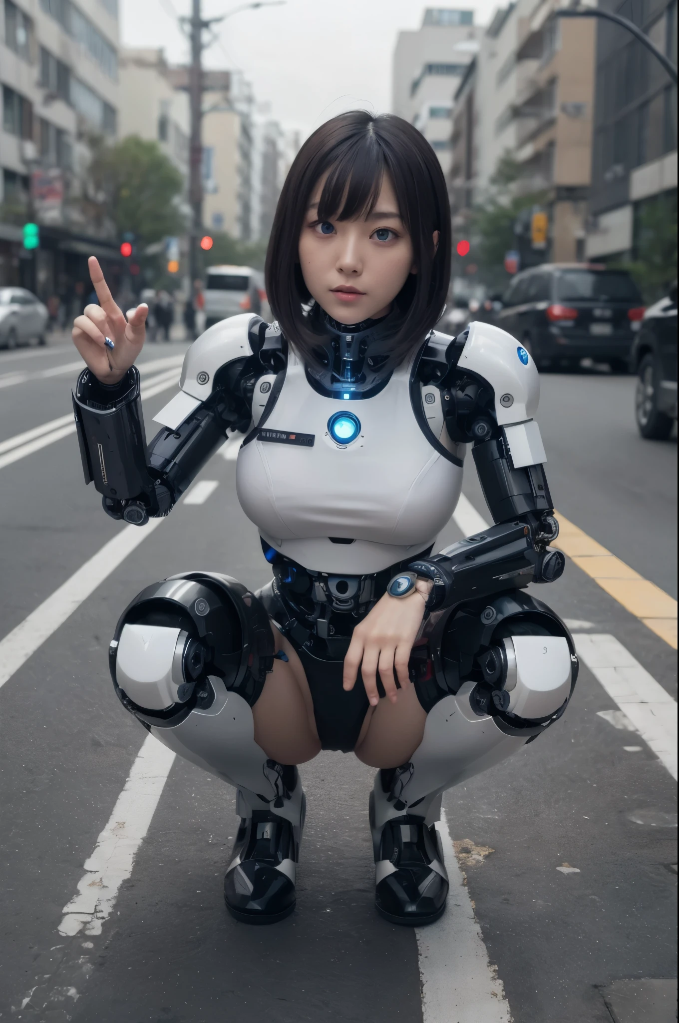 masterpiece, best quality, extremely detailed, Japaese android girl,Plump ,control panels,android,Droid,Mechanical Hand, Robot arms and legs,Blunt bangs,perfect robot girl,long tube,thick cable connected her neck,android,robot,humanoid,cyborg,japanese cyborg girl ,robot-assembly plant,She has assembled now,assembly scene,chest monitor,blue eyes