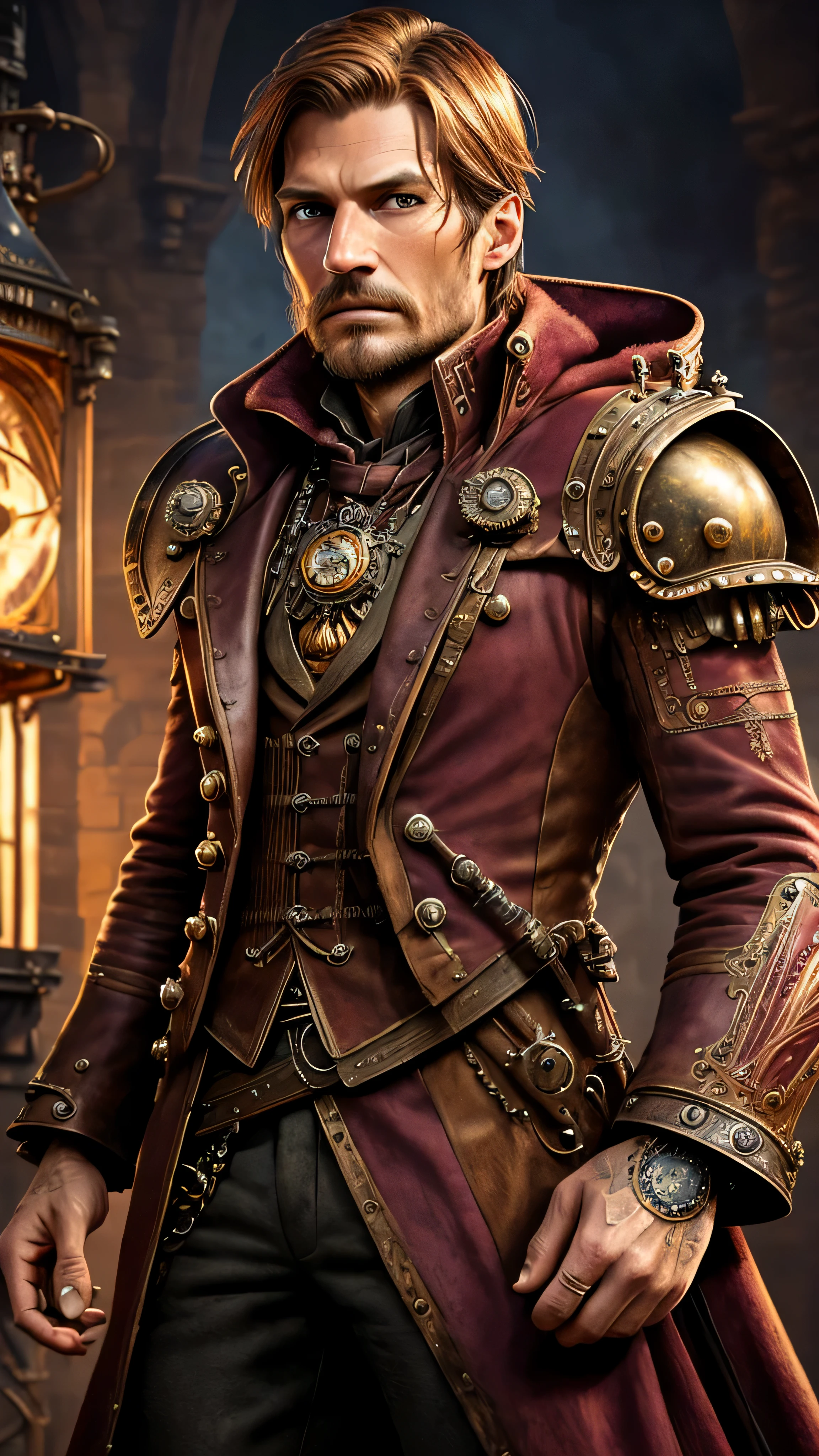 steampunkai, ((Nikolaj Coster-Waldau)) as Jaime Lannister, (maroon coat), rings, watch, (steampunk castle), 1man, solo, beautiful detailed glow, detailed, cinematic light, intricate detail, realistic, highres, detailed facial features, high detail, sharp focus, smooth, aesthetic, extremely detailed, stamp, octane render