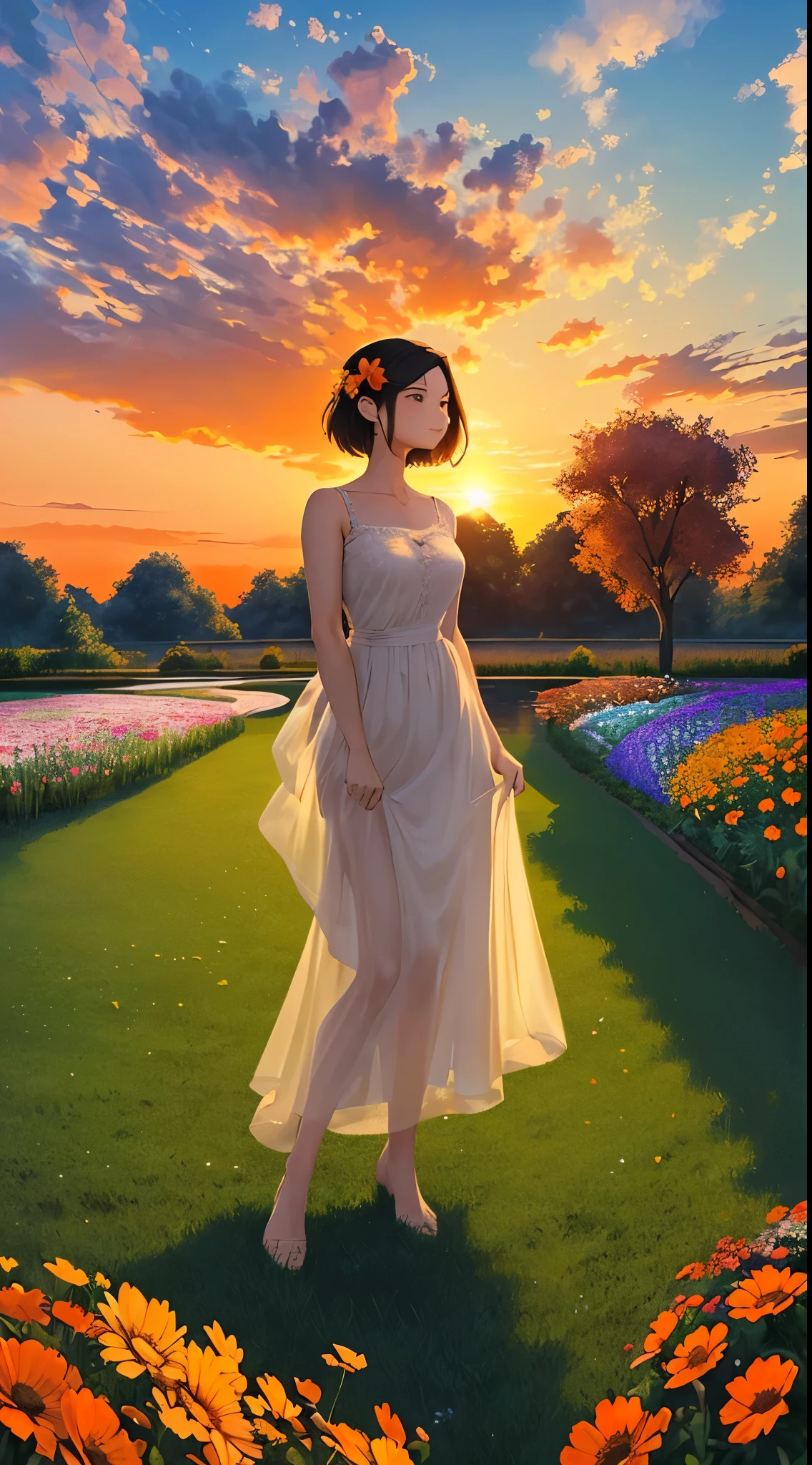 masterpiece,gorgeous, the gorgeous sunset in a garden, filled with flowers, Meadows, flowres, water, landscape, beautiful clouds, orange, orange atmosphere, amazing sky, stunning view, an artistic painting, no human,no people