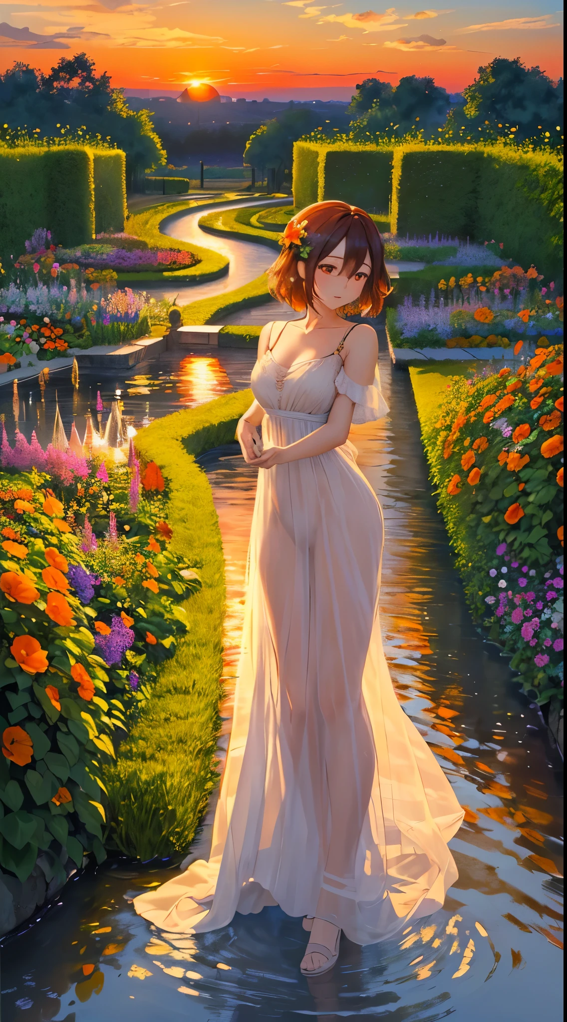 masterpiece,gorgeous, the gorgeous sunset in a garden, flowres, water, landscape, beautiful clouds, orange, orange atmosphere, amazing sky, stunning view, an artistic painting, no human,no people