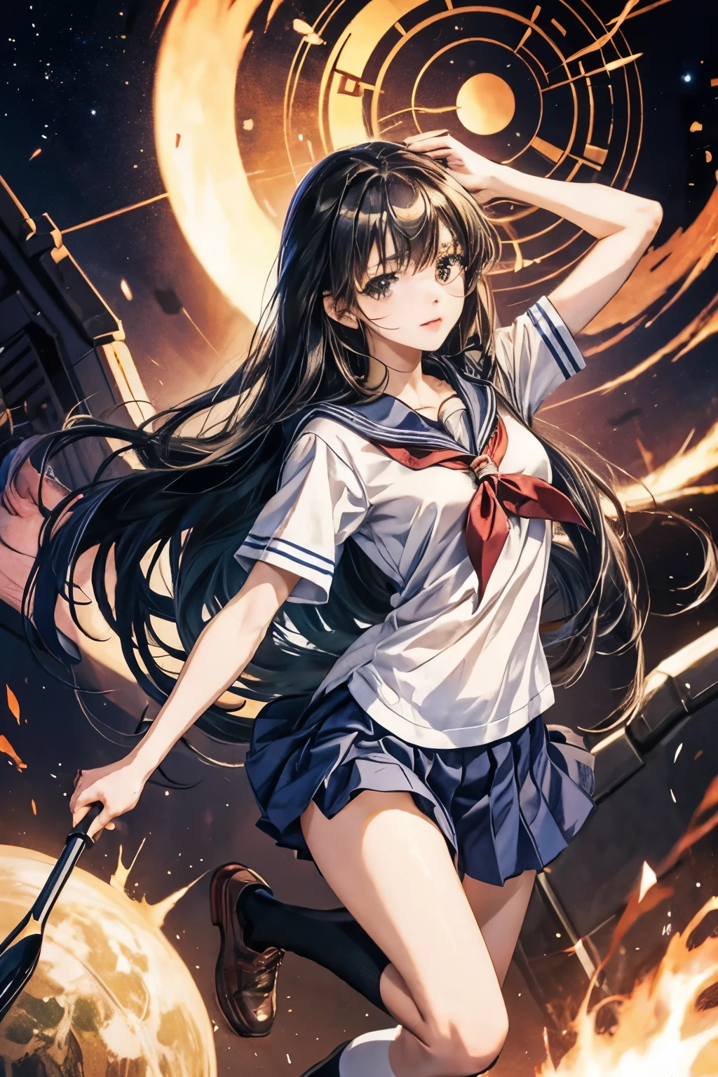 Anime girl in sailor uniform of school long hair with long socks hoding a whip