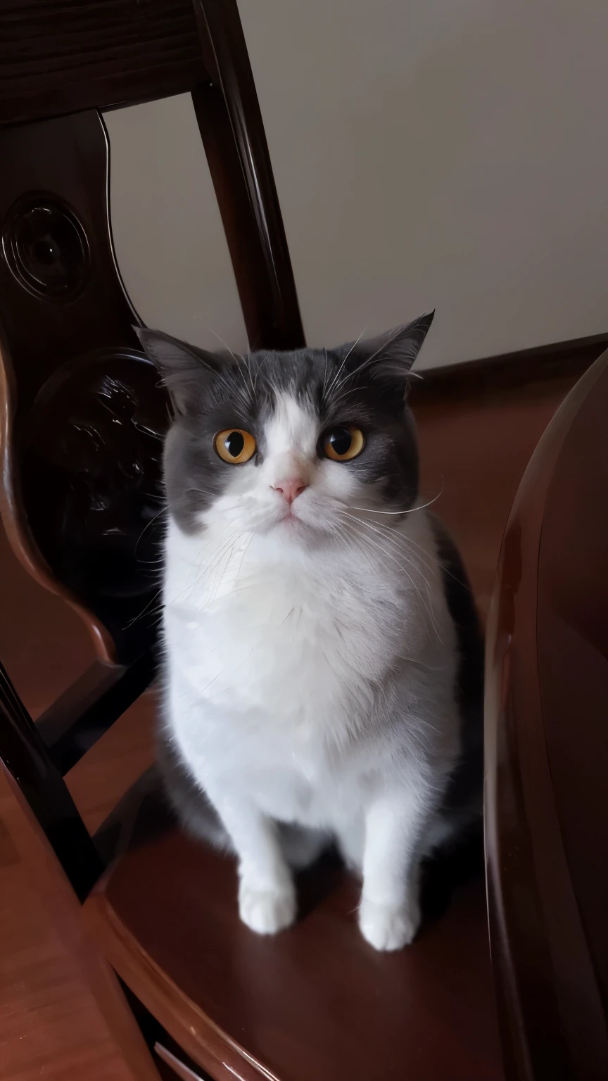 有a cat sitting in a chair看着相机, sad cat, looking directly at camera, a cat sitting in a chair, frown, angry cat, a cute cat, Staring at the camera, photo of a cat, looking at camera, looking confused, cat photos, Big head and big eyes, funny cat