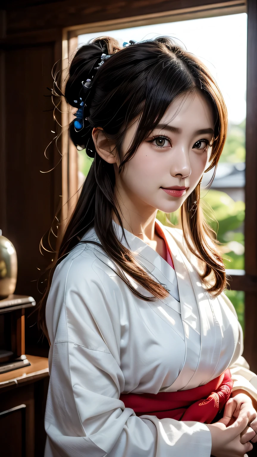 1 girl, bun hair, hair ornaments, mizuhiki, (shrine maiden), (Japanese style shrine maiden costume, white haori, redも:1.4),  cinematic light, Sacred, shrine, redい鳥居,bun hairにhair ornamentsをつけた1人の女の子です。she has a water lead、shrineの巫女のような姿をしています。彼女の衣装は日本のshrine巫女の衣装であり、white haoriとredい装いを身にまとっています（red:1.4）。She's so cute、has a wonderful face and eyes。Her face is so detailed、Super realistic expression、eyes and hair、Detailed depiction of plump lips and other details.。There&#39;her upper body is smiling。This photo is a RAW photo taken in the highest quality.、Realized by professional photography。cinematic lightが差し込み、Sacred雰囲気を醸し出しています。背景にはredい鳥居があり、shrineの雰囲気が漂っています。