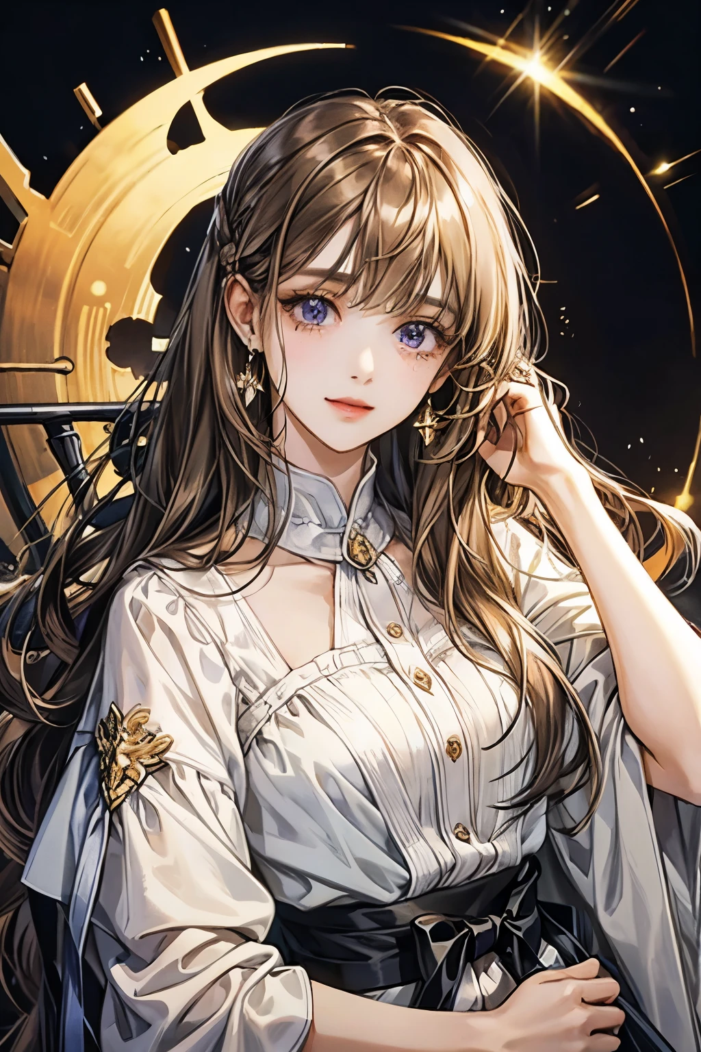 droopy eyes、smile、17 year old female、straight hair、((long hair girl))、Girl with bangs、detailed face、pretty face、((best image quality))、mole、white dress、hair arrangement、half up、simple background、stand、stand女の子、まっすぐstand、1 girl、purple eyes、kind face、Gentle colors、brown hair、cat mouth、white background、put hair in ears、Patsun bangs