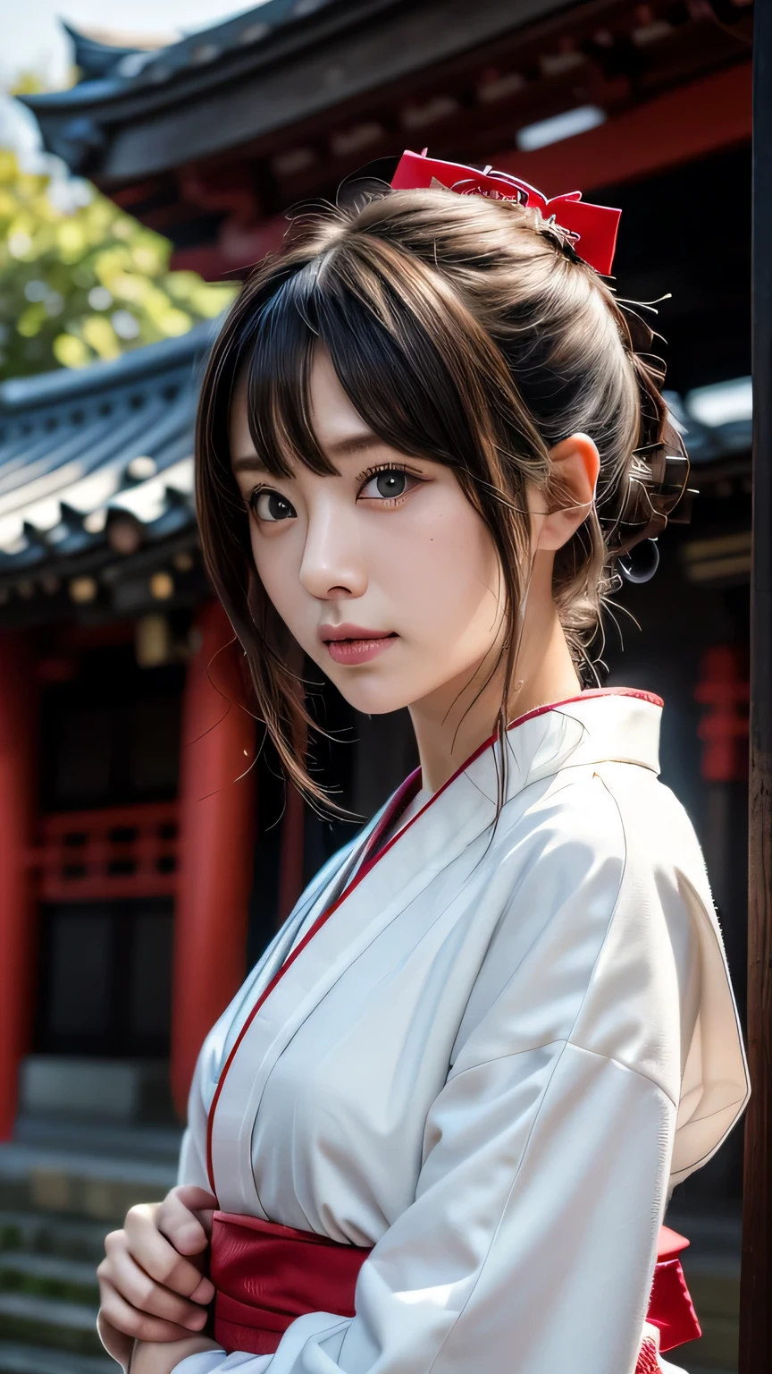 1 girl, bun hair, hair ornaments, mizuhiki, (shrine maiden), (Japanese style shrine maiden costume, white haori, redも:1.4), cinematic light, Sacred, shrine, redい鳥居,bun hairにhair ornamentsをつけた1人の女の子です。she has a water lead、shrineの巫女のような姿をしています。彼女の衣装は日本のshrine巫女の衣装であり、white haoriとredい装いを身にまとっています(red:1.4)。She's so cute、has a wonderful face and eyes。Her face is so detailed、Super realistic expression、eyes and hair、Detailed depiction of plump lips and other details.。There'her upper body is smiling。This photo is a RAW photo taken in the highest quality.、Realized by professional photography。cinematic lightが差し込み、Sacred雰囲気を醸し出しています。背景にはredい鳥居があり、shrineの雰囲気が漂っています。