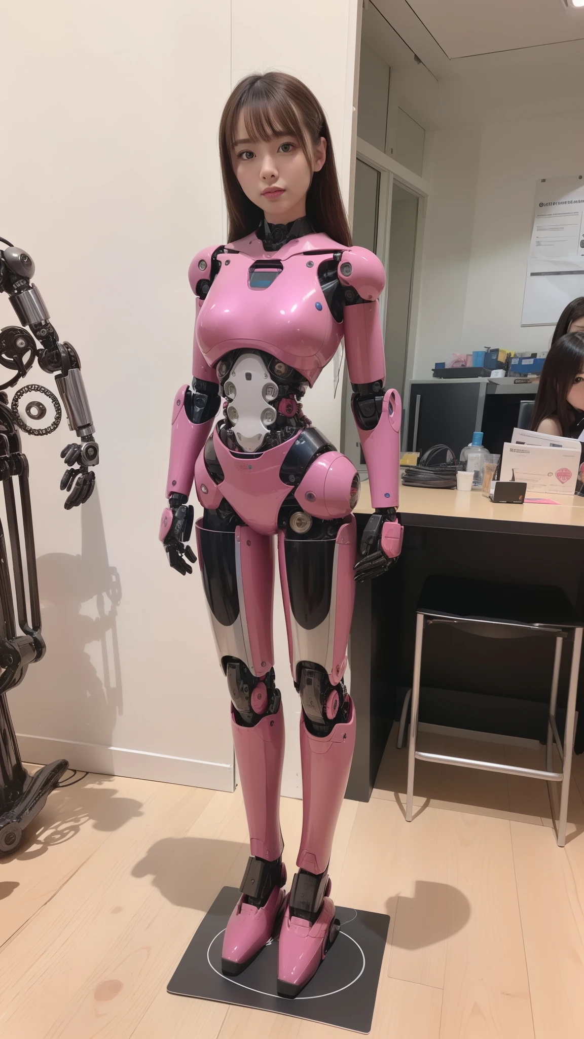 (Photorealsitic:1.4)、one robot woman、(top-quality)、(hyperdetailed face)、(Super well-formed face)、(Robot Parts)、(Female-Robot)、(25 years-old)、(Blue)、(pink there)、(Burgundy)、(metallic)、(full-body)、(sexy pose)、(Slender body)、(Model body type)、(full body mech)、(mechanical exposure)、(Akihabara)、(is looking at the camera)、(A brown-haired)、(Well-proportioned body)、(a small face)、(a small head)、(well-groomed fingers)、(Idol)、(front facing)、(Standing with legs open)、(Photo session)、(Looks sad)、(perfect-female-robot)、(perfect-mechanical-body)