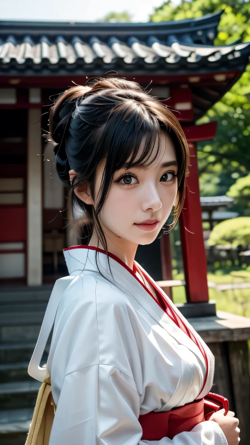 1 girl, bun hair, hair ornaments, mizuhiki, (shrine maiden), (Japanese style shrine maiden costume, white haori, redも:1.4), cinematic light, Sacred, shrine, redい鳥居,bun hairにhair ornamentsをつけた1人の女の子です。she has a water lead、shrineの巫女のような姿をしています。彼女の衣装は日本のshrine巫女の衣装であり、white haoriとredい装いを身にまとっています(red:1.4)。She's so cute、has a wonderful face and eyes。Her face is so detailed、Super realistic expression、eyes and hair、Detailed depiction of plump lips and other details.。There'her upper body is smiling。This photo is a RAW photo taken in the highest quality.、Realized by professional photography。cinematic lightが差し込み、Sacred雰囲気を醸し出しています。背景にはredい鳥居があり、shrineの雰囲気が漂っています。