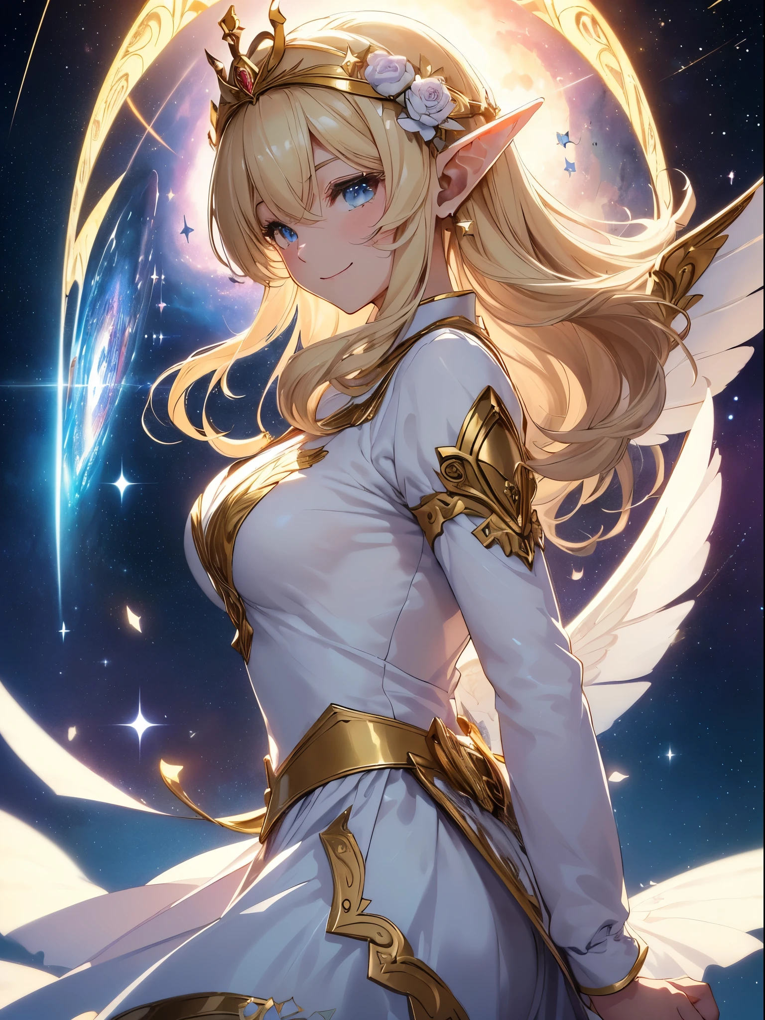 highest quality、Highest image quality、masterpiece、dynamic angle、bold composition、Angle seen from the side、Composition seen from the side、3 meter giant wings、flap your white wings、violently、強くuniverseに飛び立つ、beautiful profile、Titania、Super beautiful elf beauty((22 years old OL big bust、bust 90,beautiful long ironed hair、blonde、Height: 165cm。slender、sexy、Esbian、beautiful tiara、night、High quality、美しいart、background((starry ski)))muste piece、ビジュアルart、Depth of the bounds written、、elf ears、光のmagic、universe、A happy smile、gentle light、、Very powerful、Impact、jump!、ticker beautiful decorative、elegant、mystical rosa、 heaven、beautiful dressy、beautiful dress、dance、giant galaxy、myth、ART、Lord of the Ring、sexy、friendly smile、Fantastic、universeのmagic、magicの光、fantasy、flower、super REALITYたくさんのRose、magic、universeを飛ぶ、、壮大なflower畑、Rose、Nature、fantasy、、gold foil、mysteryの光、Art nouveau、alphonse Mucha、、art、art,mystery,UHD,magicalgentle light,