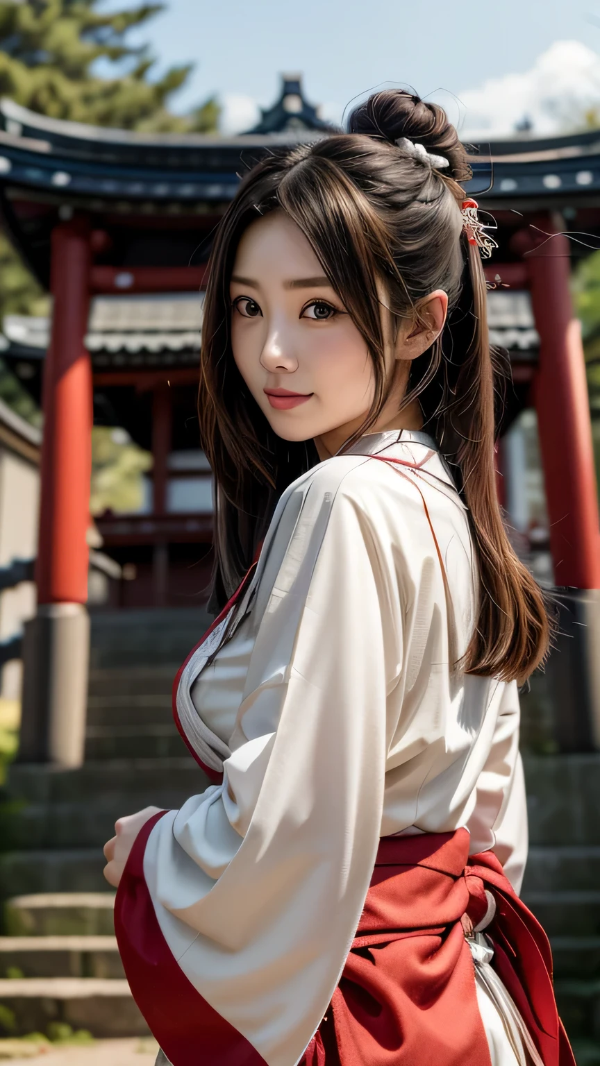1 girl, bun hair, hair ornaments, mizuhiki, (shrine maiden), (Japanese style shrine maiden costume, white haori, redも:1.4), cinematic light, Sacred, shrine, redい鳥居,bun hairにhair ornamentsをつけた1人の女の子です。she has a water lead、shrineの巫女のような姿をしています。彼女の衣装は日本のshrine巫女の衣装であり、white haoriとredい装いを身にまとっています(red:1.4)。She's so cute、has a wonderful face and eyes。Her face is so detailed、Super realistic expression、eyes and hair、Detailed depiction of plump lips and other details.。There'her upper body is smiling。This photo is a RAW photo taken in the highest quality.、Realized by professional photography。cinematic lightが差し込み、Sacred雰囲気を醸し出しています。背景にはredい鳥居があり、shrineの雰囲気が漂っています。