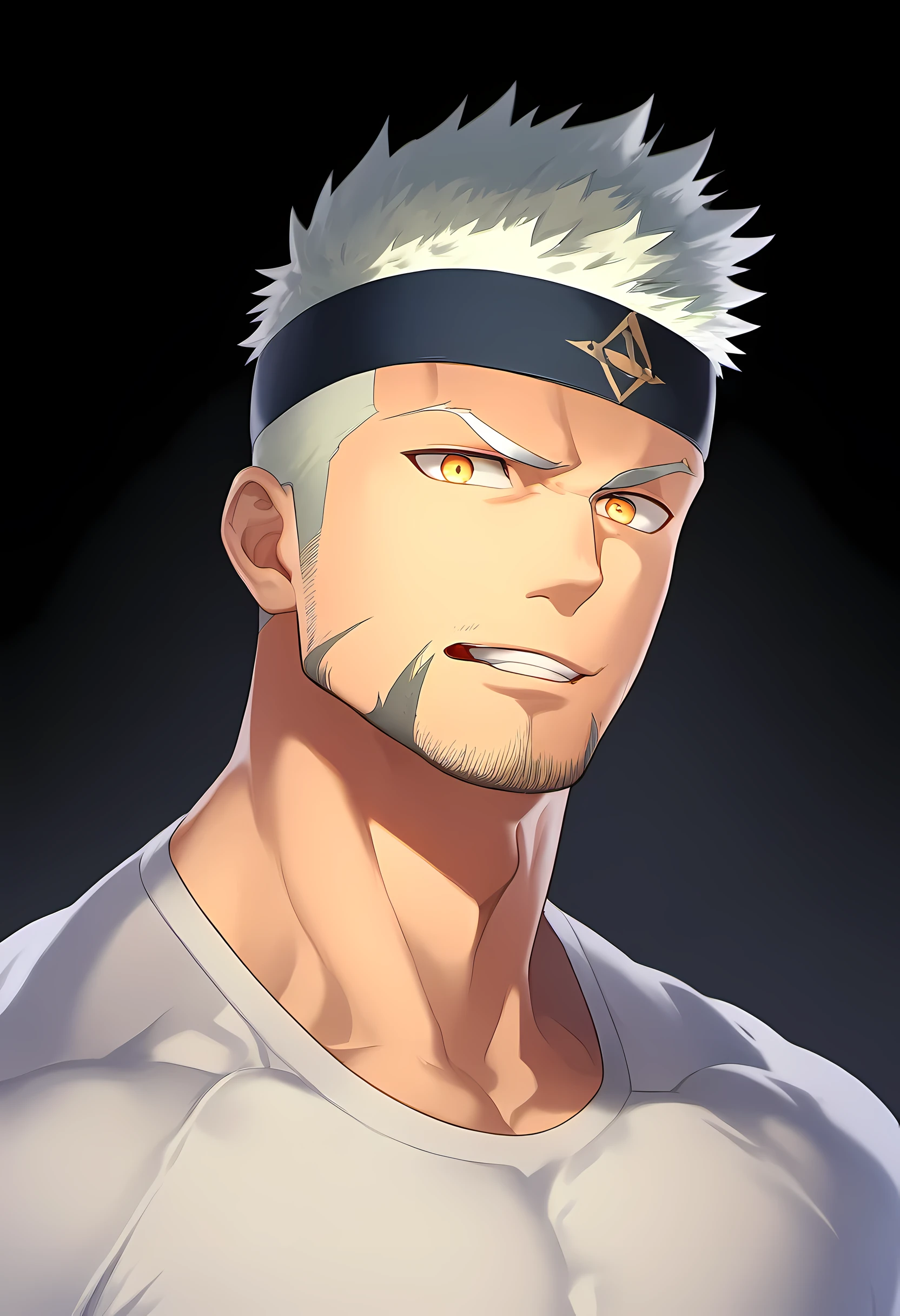 anime characters：Guy, Priapus, 1 young muscular man, male focus, Six pointed star tattoo on face, Sporty black headband, White spandex tight T-shirt, Milky white mucus at the corners of the mouth, muscular male, muscular, only, Upper body, alone, white short hair, stubble, yellow eyes, black background, simple background, amazing quality, best aesthetics, Ridiculous, bright pupils, short hair, naughty face, torogao, open lips, best quality