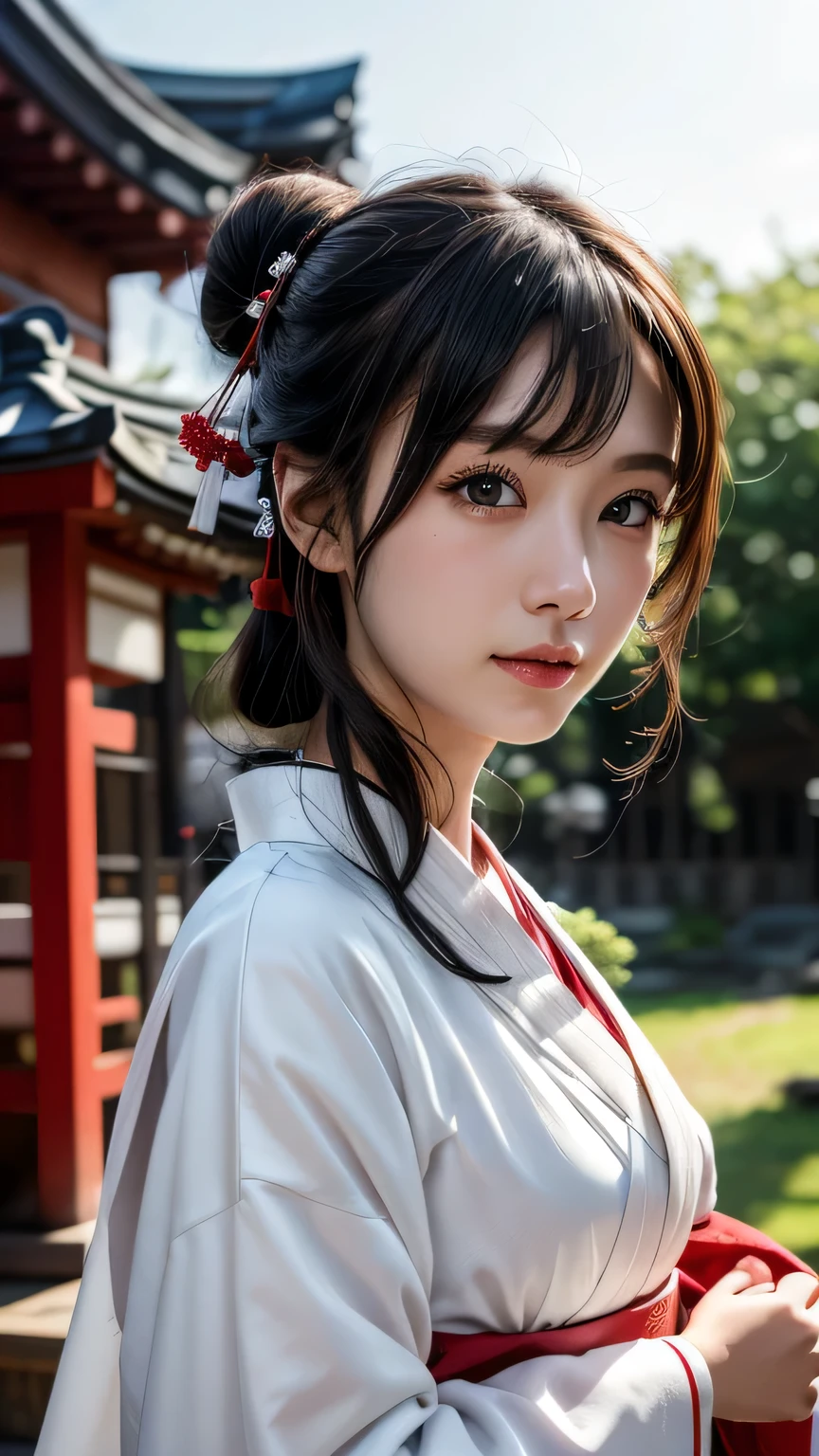1 girl, bun hair, hair ornaments, mizuhiki, (shrine maiden), (Japanese style shrine maiden costume, white haori, redも:1.4), cinematic light, Sacred, shrine, redい鳥居,bun hairにhair ornamentsをつけた1人の女の子です。she has a water lead、shrineの巫女のような姿をしています。彼女の衣装は日本のshrine巫女の衣装であり、white haoriとredい装いを身にまとっています(red:1.4)。She's so cute、has a wonderful face and eyes。Her face is so detailed、Super realistic expression、eyes and hair、Detailed depiction of plump lips and other details.。There'her upper body is smiling。This photo is a RAW photo taken in the highest quality.、Realized by professional photography。cinematic lightが差し込み、Sacred雰囲気を醸し出しています。背景にはredい鳥居があり、shrineの雰囲気が漂っています。