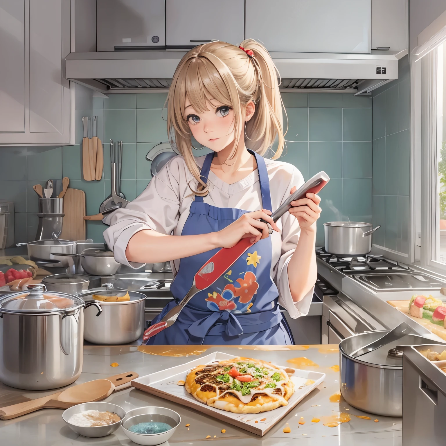 realistic anime picture、simple background、1 girl、（Okonomiyaki、holding a cooking spatula）、look sleepy、kitchen