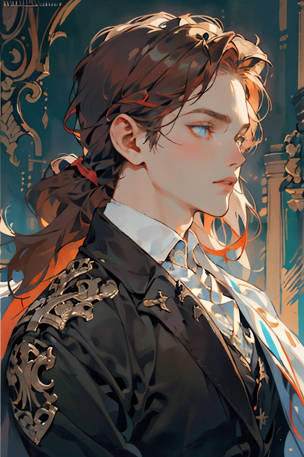(best quality),((((adult)))),1 man,male,mature,very tall,elegant but not strong,long crimson hair,royal blue eyes,bohemian medieval clothing,detailed face and expression,richly textured background ,soft lighting,portrait style,painting style,deep colors