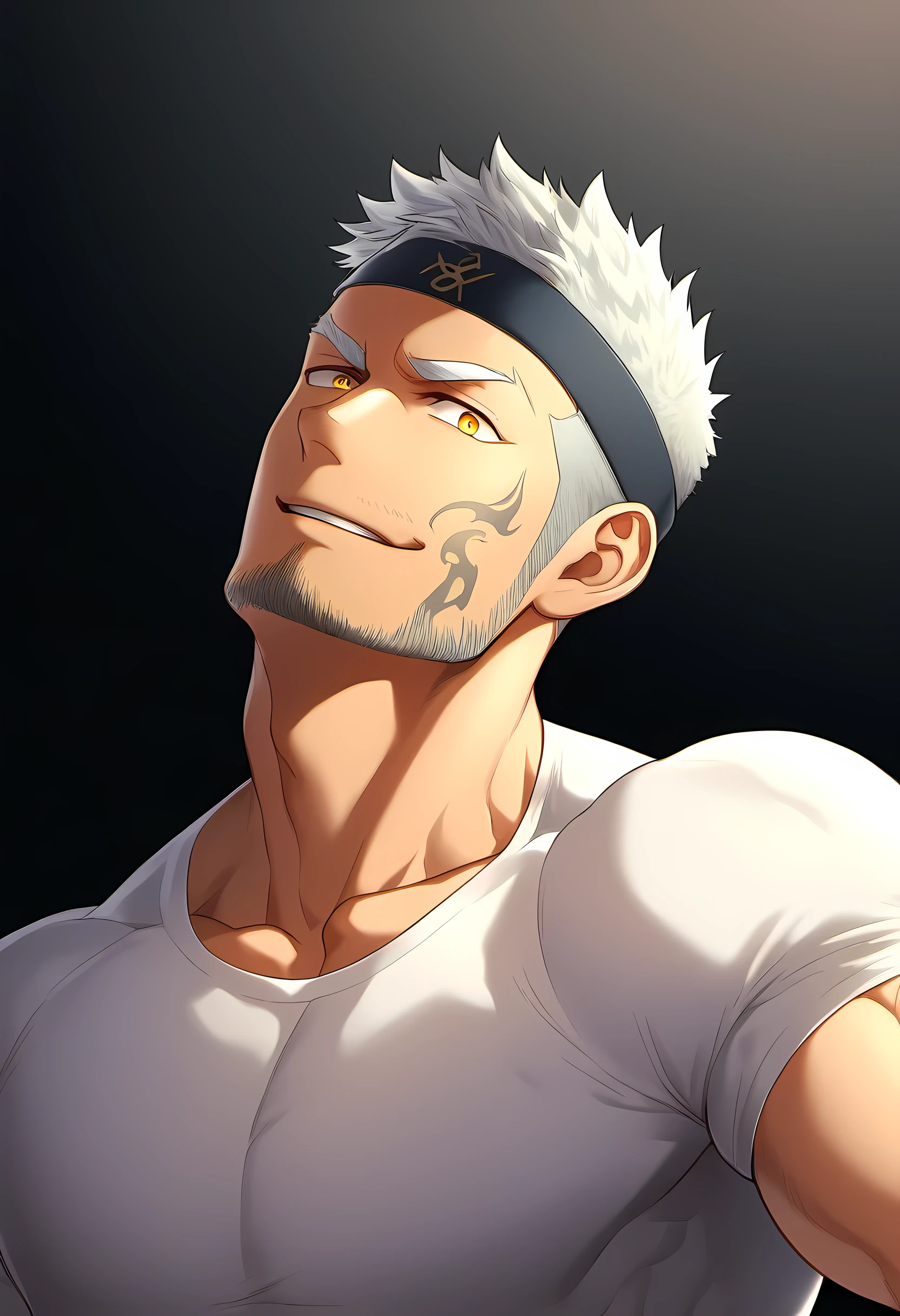 anime characters：Guy, Priapus, ung muscular man, male focus, Six pointed star tattoo on face, Sporty black headband, White spandex tight T-shirt, Milky white mucus at the corners of the mouth, muscular male, muscular, only, Upper body, alone, white short hair, stubble, yellow eyes, black background, simple background, amazing quality, best aesthetics, Ridiculous, bright pupils, short hair, naughty face, torogao, open lips, best quality
