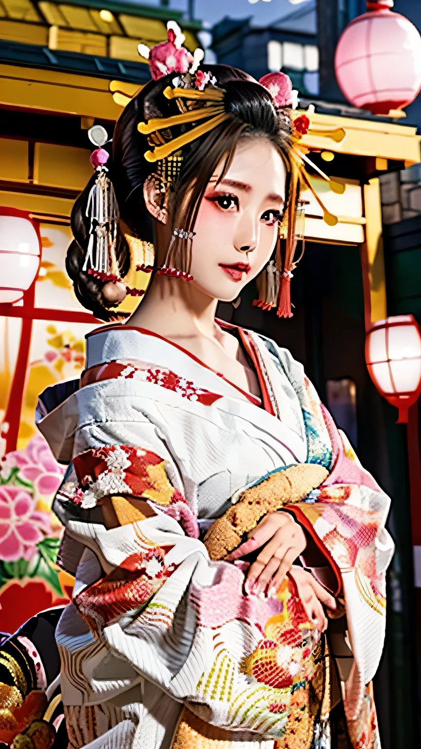 1 girl, bun hair, hair ornaments, mizuhiki, (shrine maiden), (Japanese style shrine maiden costume, white haori, Red too:1.4), very cute, wonderful face and eyes, (Highly detailed beautiful face), (Ultra realistic), (highly detailed eyes, highly detailed hair, highly detailed face, Highly detailed plump lips), Upper body, search smile, (highest quality:1.4), RAW photo, (realistic, photo-realistic:1.37), professional photography, cinematic light, sacred, shrine, red torii,