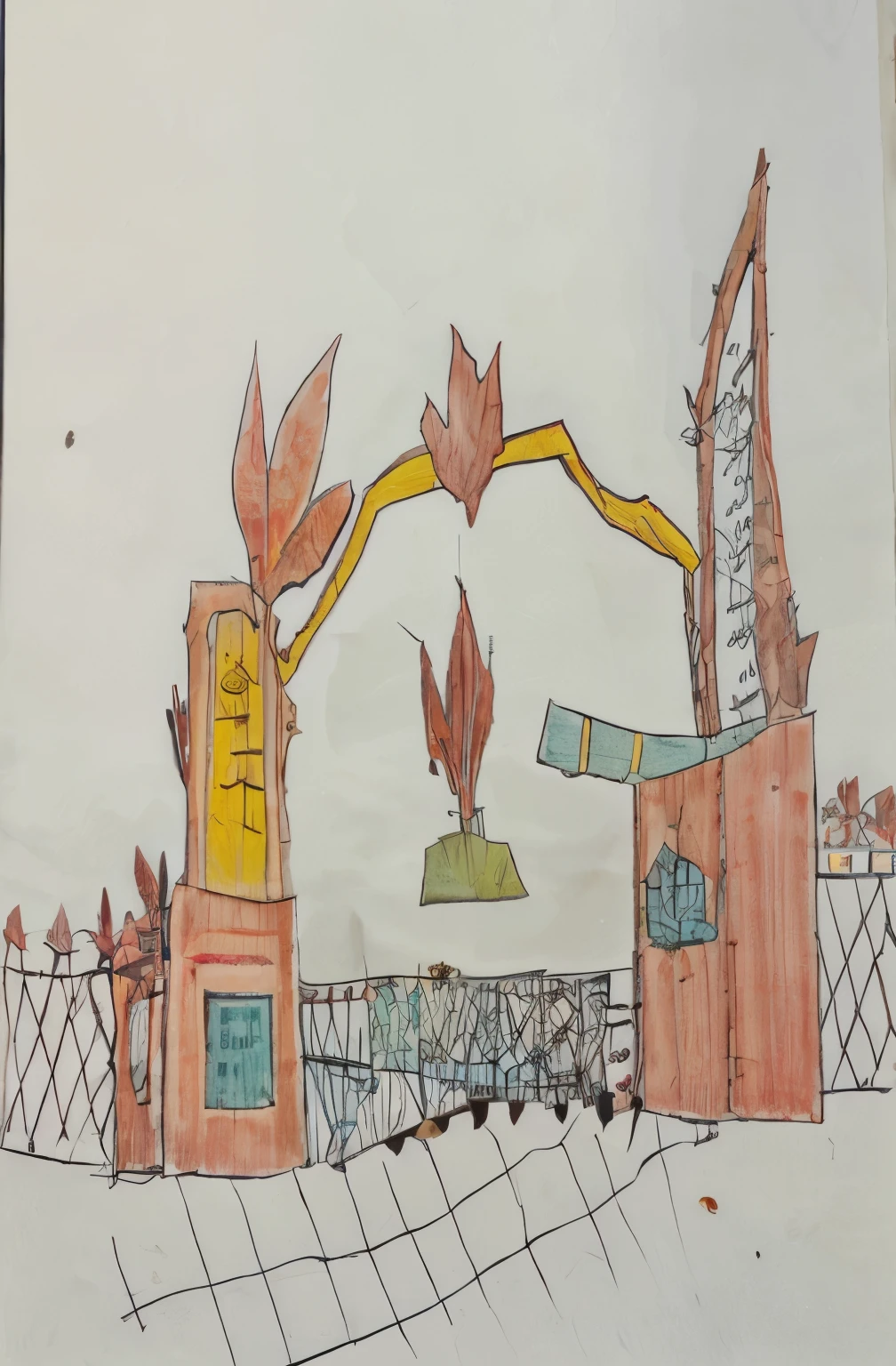 crimson school，Maple leaves as decoration，The tall and majestic school gate