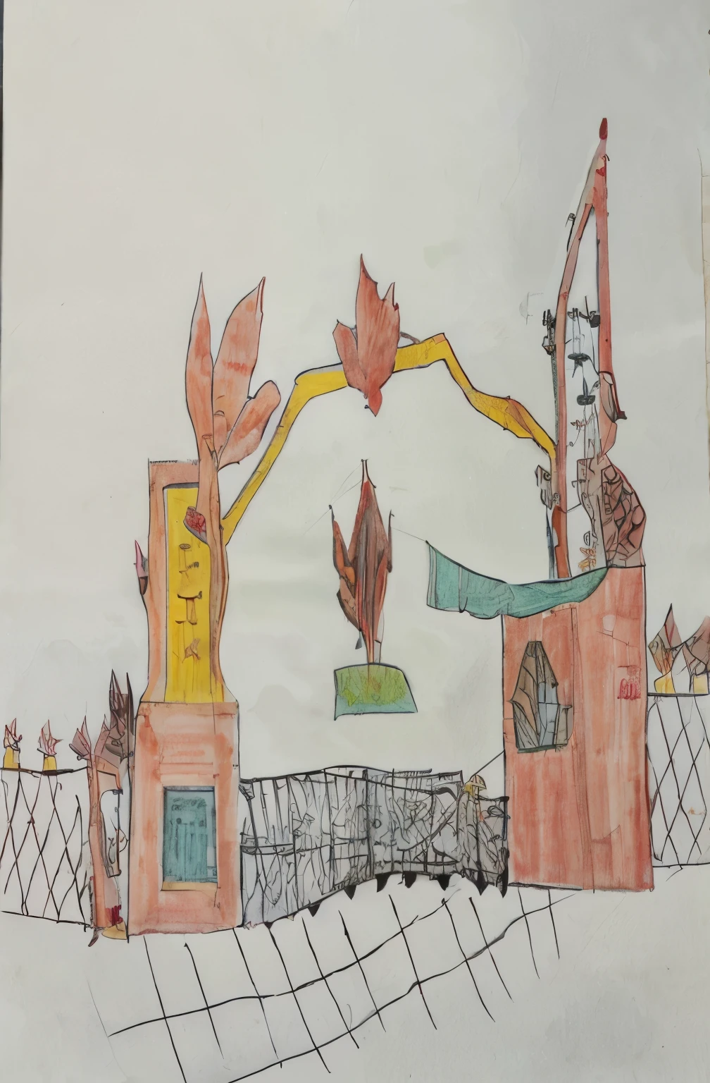 crimson school，Maple leaves as decoration，The tall and majestic school gate