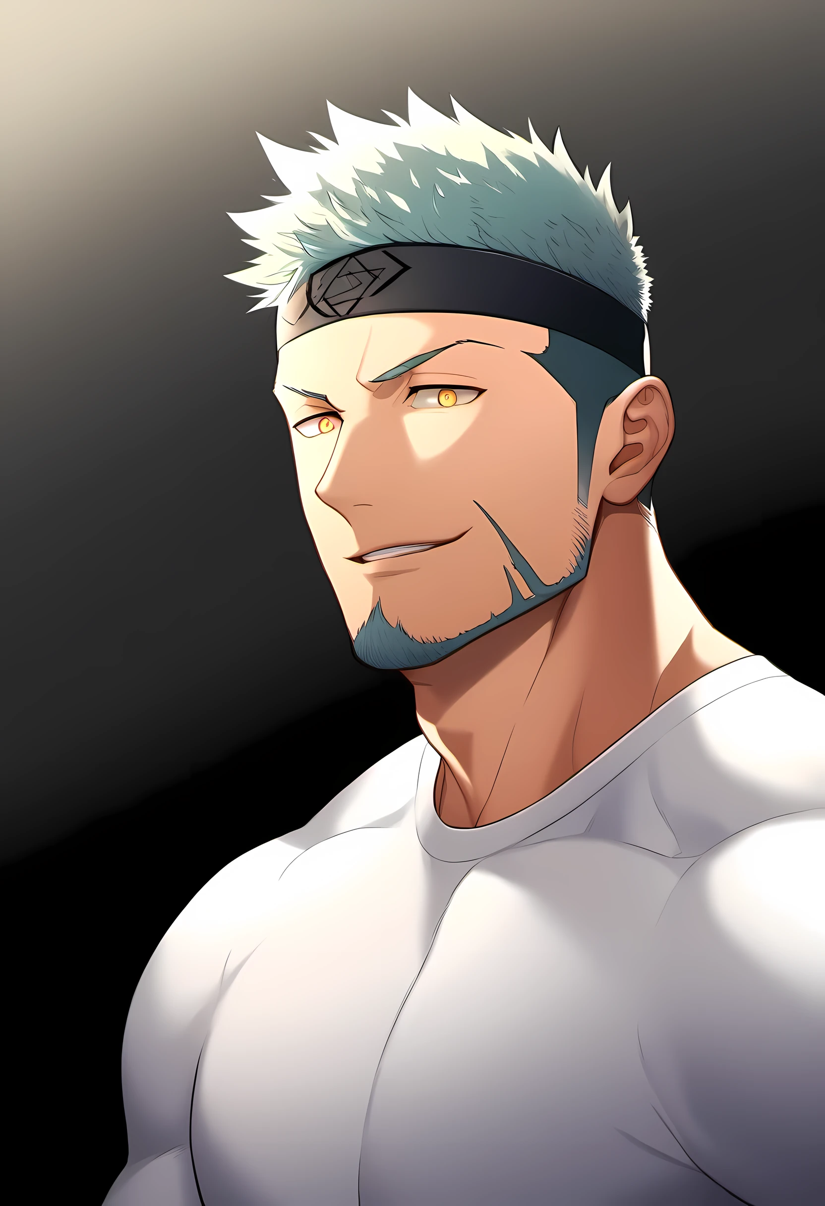 anime characters：Guy, Priapus, 1 young muscular man, male focus, Six pointed star tattoo on face, Sporty black headband, White spandex tight T-shirt, Milky white mucus at the corners of the mouth, muscular male, muscular, only, Upper body, alone, white short hair, stubble, yellow eyes, black background, simple background, amazing quality, best aesthetics, Ridiculous, bright pupils, short hair, naughty face, torogao, open lips, best quality