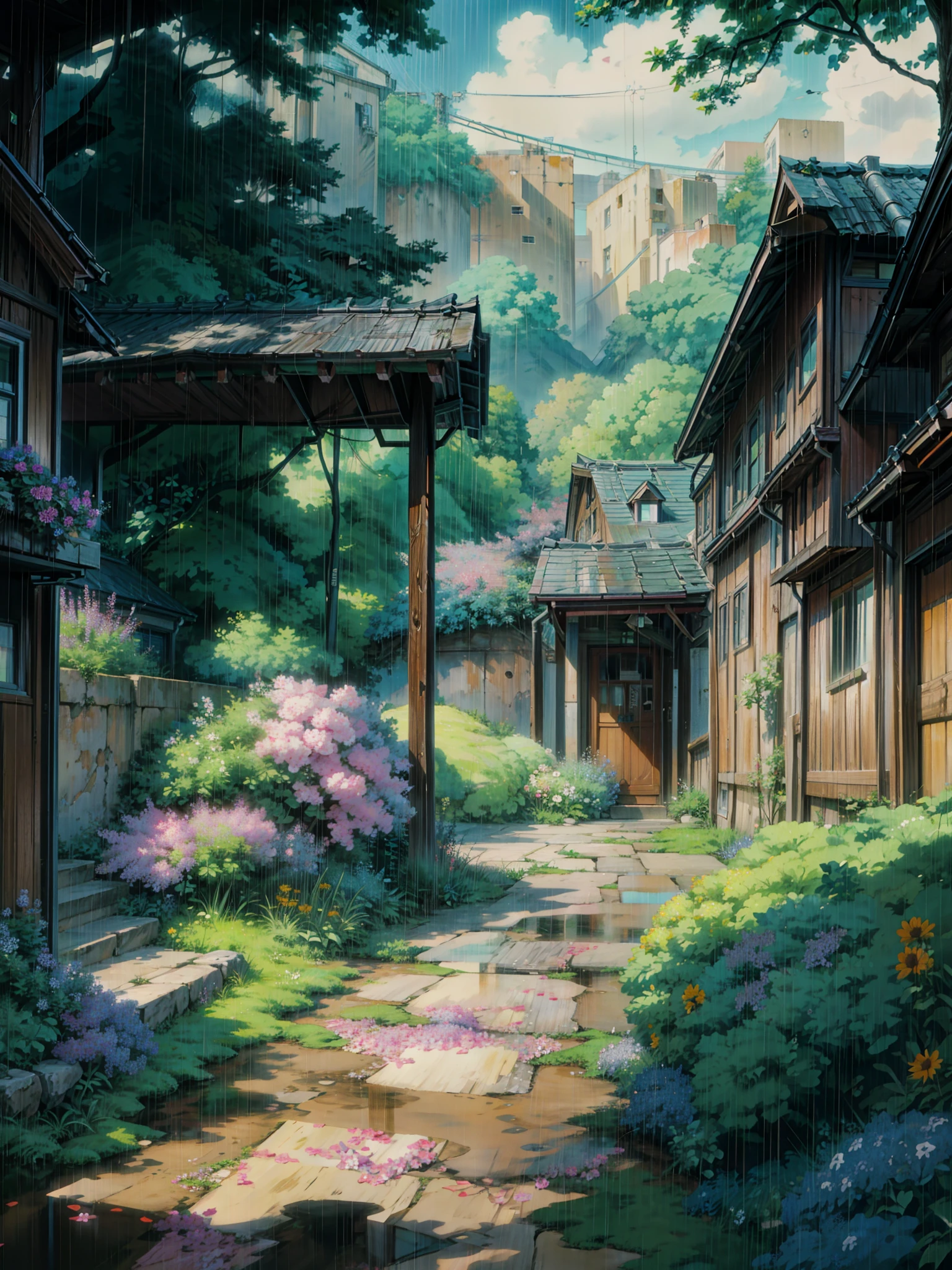 a painting of an alley in the rain, anime scenery, anime. flowers, Meadows, filled with flowers, by makoto shinkai, anime nature wallpap, anime background art, anime background, alena aenami and artgerm, anime atmospheric, anime movie background, anime nature, colorful anime movie background, anime landscape, in style of atey ghailan, style of makoto shinkai