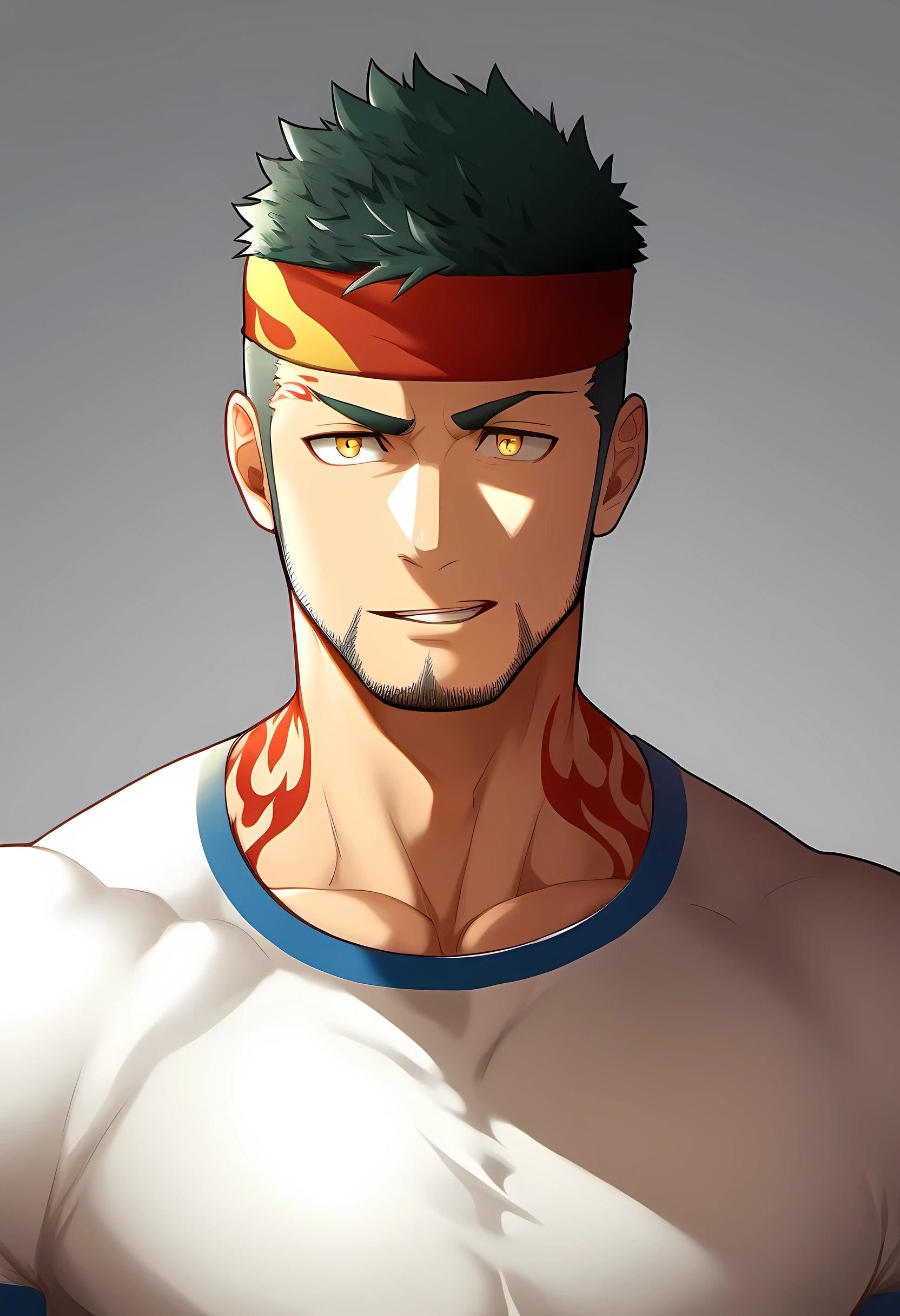 anime characters：Guy, Priapus, 1 young muscular man, male focus, Flame tattoo, Sport red headband, Creamy white spandex tight T-shirt, muscular male, muscular, only, Upper body, alone, short black hair, thick eyebrows, stubble, yellow eyes, White background, simple background, amazing quality, best aesthetics, Ridiculous, bright pupils, short hair, naughty face, torogao, open lips, best quality